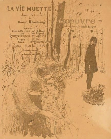 Edouard VUILLARD (1868-1940)
La Vie muette, drame de Maurice de Beaubourg. Programme pour le théâtre de l?Oeuvre. 1894. Lithographie. [253 x 325]. Roger-Marx 20; Aitken 67. Impression en vert olive. Belle épreuve sur vélin glacé chamois. Légère oxydation. Court pli cassé dans l?angle supérieur droit. Traces de plis médians et infimes accidents aux bords du feuillet. Trous d?épingles dans les angles. Toutes marges.