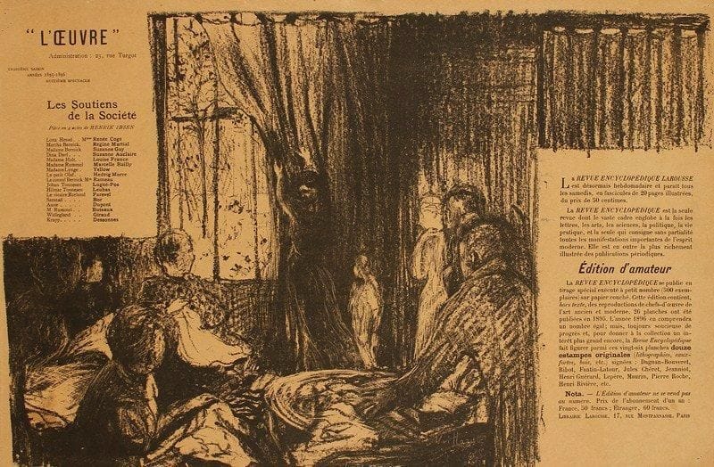 Edouard VUILLARD (1868-1940)
Les Soutiens de la société, pièce en 4 actes de Henrik Ibsen. Programme pour le théâtre de l?Oeuvre. 1896. Lithographie. [505 x 325]. R.-M. 24; A. 85. Bonne épreuve sur vélin mince chamois. Pli vertical médian. Nombreuses courtes déchirures aux bords du feuillet et petit manque en pied. Trous d?épingles dans les angles. Toutes marges