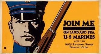 Anonyme américain
Join Me / On Land and Sea / U.S. Marines / Apply to / 1605 Larimer Street / Denver, Colo. 1917. Procédé photomécanique. [540 x 285]. Impression en couleurs. Belle épreuve sur carton. Menus accidents aux bords du feuillet. Toutes marges.
