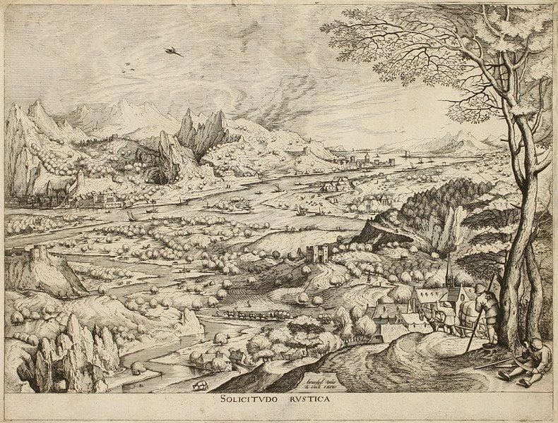Pieter Bruegel l'Ancien (d'après) (vers 1525-vers 1569)
Solicitudo Rustica (Solitude rustique). Planche d?une suite de 12 paysages. 1555. Eau-forte par Jan et Lucas van Duetecum. 425 x 325. Hollstein 9; Orenstein 28. Belle épreuve à l?adresse de Cock. Menus accidents aux bords du feuillet. Plusieurs épidermures partiellement restaurées au verso. Pli de séchage vertical médian normal. Marges étroites.