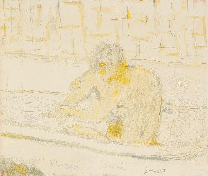 Pierre Bonnard(1867-1947)
Femme assise dans sa baignoire. 1942. Lithographie. 290 x 252. B. 115. Impression en couleurs. Couverture du programme pour la «Grande Soirée Maurice Chevalier» du vendredi 14 août 1942 aux Ambassadeurs à Cannes. Belle épreuve sur vélin fort, sans le texte du programme. Plusieurs plis cassés. Épidermures en tête au verso.