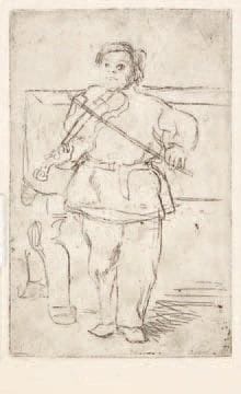 Félix BRACQUEMOND (1833-1914)
Croquis de Jacques Guichard, enfant, debout, jouant du violon. 1853. Eau-forte. 92 x 146. Beraldi 60; I.F.F. 34; Bouillon Aa 8. Belle et rare épreuve tirée avec teinte de fond sur vergé mince, signée de l?initiale à la mine de plomb dans l?angle inférieur droit du cuivre. Petit arrachement dans la marge gauche (sans atteinte au sujet). Bonnes marges. Provenance: double de la New York Public Library (sans timbre).