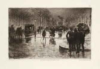 Félix BUHOT (1847-1898)
Le Retour des artistes, ou Le 20 mars au Palais des Champs-Élysées. 1877. Eau-forte. 318 x 205. Bourcard-Goodfriend 125. Belle épreuve sur vergé blanc, le numéro de publication à la mine de plomb. Bande d?adhésif en tête au verso. Toutes marges. Planche parue dans L?Illustration nouvelle.