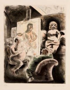 CHAS-LABORDE (1886-1941)
[Le Peintre cubiste et l?amateur]. Vers 1930. Eau-forte, aquatinte et roulette. 238 x 300. Impression en couleurs. Très belle épreuve sur vélin, numérotée et signée à la mine de plomb. Infimes rousseurs. Toutes marges. Tirage à 40 épreuves.