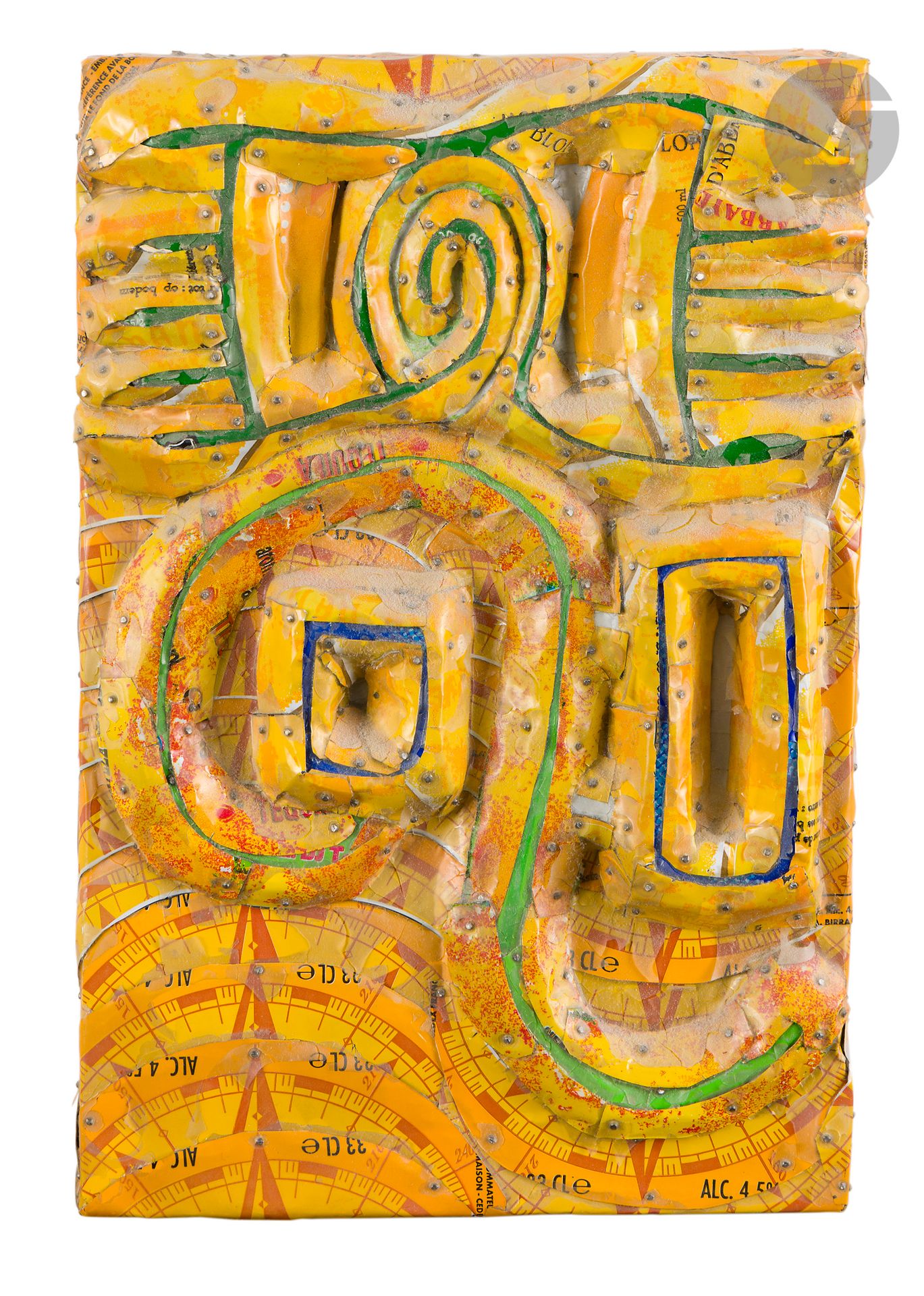 Takeshi INABA (né en 1943)
Souvenir, 2001
Cannettes métalliques découpées et clouées sur panneau.
Signé et daté au dos.
22 x 16 cm

Provenance : 
Galerie Claude Dorval, Paris.