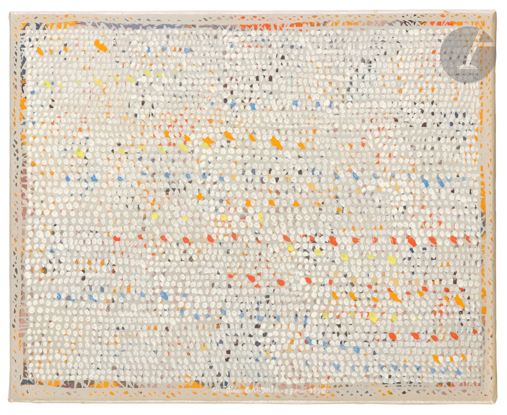 Christian GARDAIR (né en 1938)
Ponctuations n°11, 1996
Huile sur toile.
Signée et datée en pied.
Signée, datée et titrée au dos.
22 x 27 cm

Provenance : 
Galerie Olivier Nouvellet, Paris. 

Exposition : 
Christian Gardair, Ponctuations, Galerie Olivier Nouvellet, Paris, 15 juin 1996.