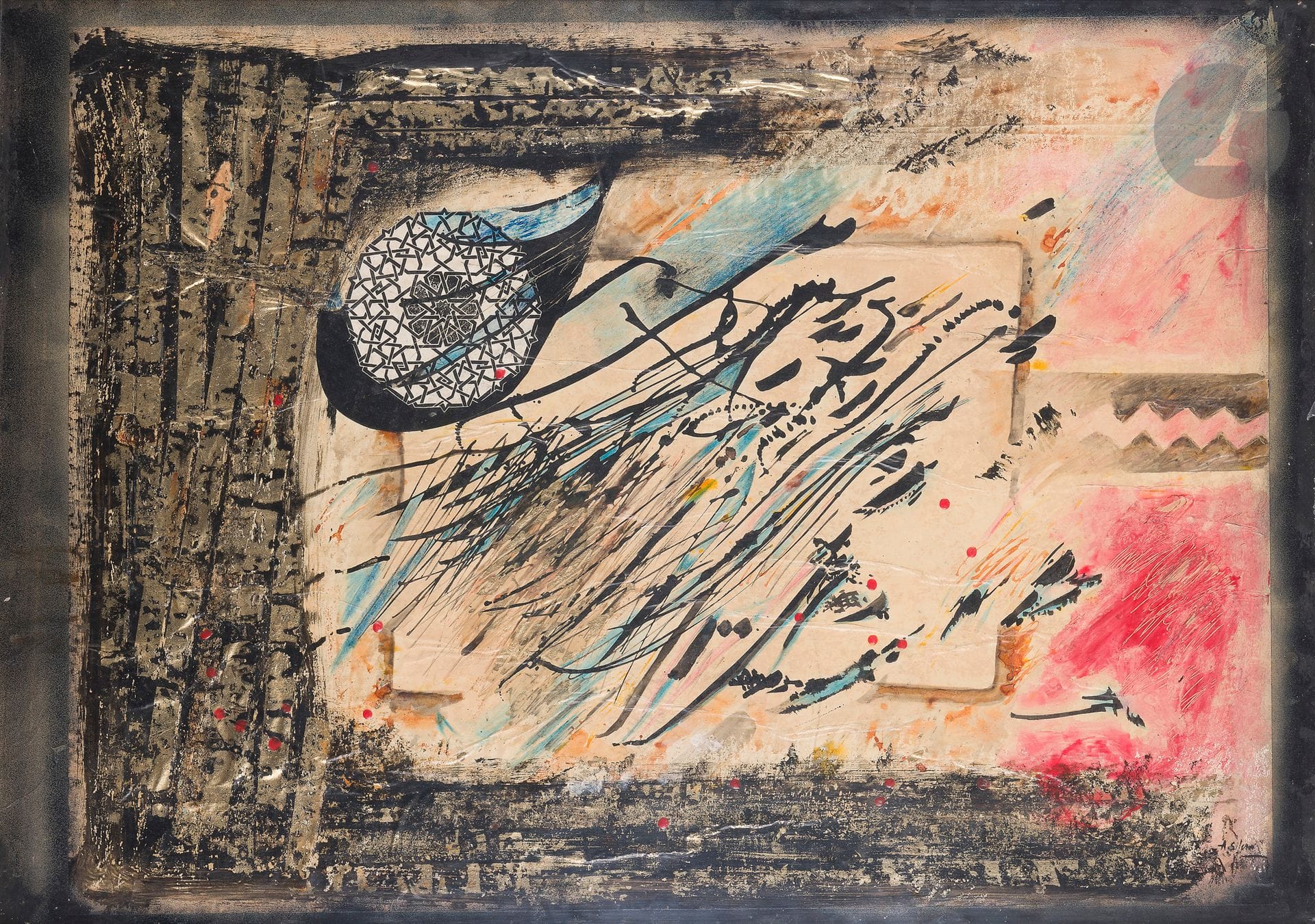 Ali SILEM [Algerian] (b. 1947)
Les Lumières de Nedjma, 1986
Mixed media and collage on isorel.
Signed lower right.
Signed on the back.
67.5 x 97 cm

Provenance :
Acquired directly from the artist by Benamar Médiène.

This work is a declaration of love by Ali Silem to Nedjma, the heroine of the poet Kateb Yacine. It was exhibited at Riad el Feth, a cultural center in Algiers, in July 1986, the thirtieth anniversary of the publication of Nedjma, a major work by Kateb Yacine, who attended the opening and the symposium devoted to it.
