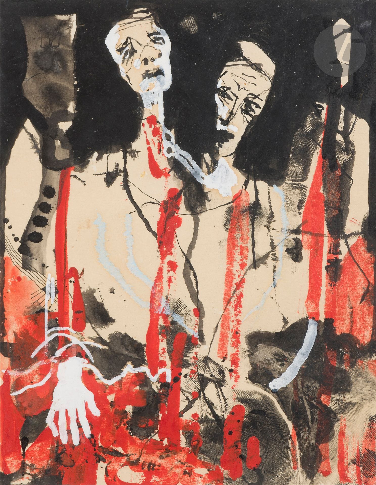 M’hamed ISSIAKHEM [algérien] (1928-1985)
La Mort de Lakhdar ou les Jumeaux de Nedjma, 1966
Encre et gouache sur papier.
Non signée.
23 x 17,5 cm

Provenance :
Acquis directement auprès de l’artiste par Benamar Médiène.

Expositions :
- Maison des Syndicats, Moscou, 1989.
- Casablanca, 1991.
- M’Hamed Issiakhem, Kateb Yacine et Khadda, Année de l’Algérie en France, Unesco, Paris, 31 janvier - 27 février 2003.
- M’hamed Issiakhem, Musée public national d’art moderne et contemporain, Alger, 1er décembre 2010 - 31 janvier 2011.

Bibliographie :
- M’hamed Issiakhem, Musée public national d’art moderne et contemporain, Alger, Éditions MAMA, FIAC, 2010, reproduit p. 51.
- Benamar Médiène, Les Jumeaux de Nedjma, Paris, Éditions Publisud, 1998, reproduit en couverture.
- Saeb Eigner, Art of the middle east : modern and contemporary art of the Arab world and Iran, Londres, New York, Merrell, 2010, reproduit p. 69.