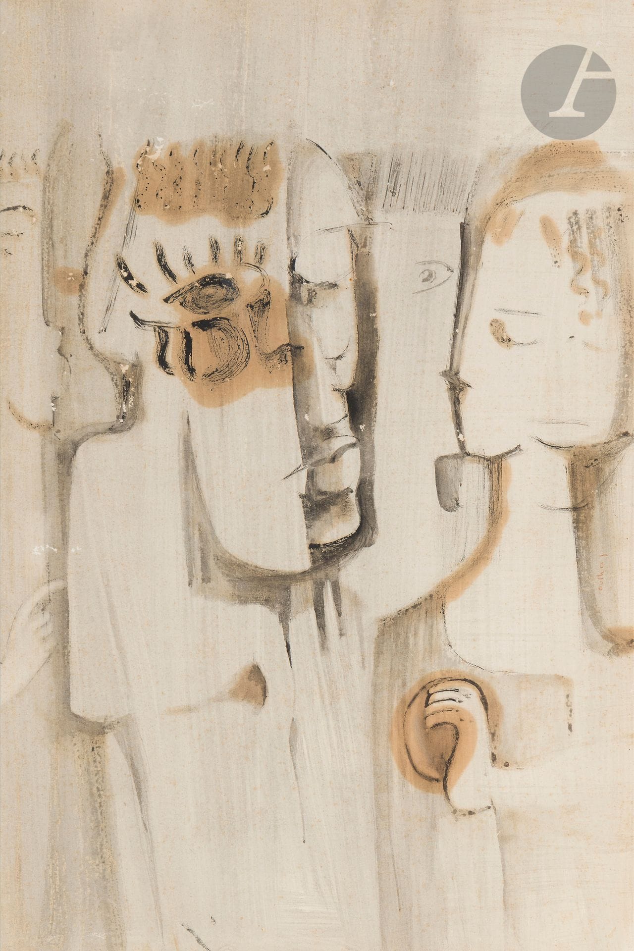 Mohamed OULHACI [Algerian] (b. 1943)
Words of peace
Oil and scratch on Canson paper.
Signed on the right edge.
46 x 31 cm

Provenance :
Acquired directly from the artist by Benamar Médiène.