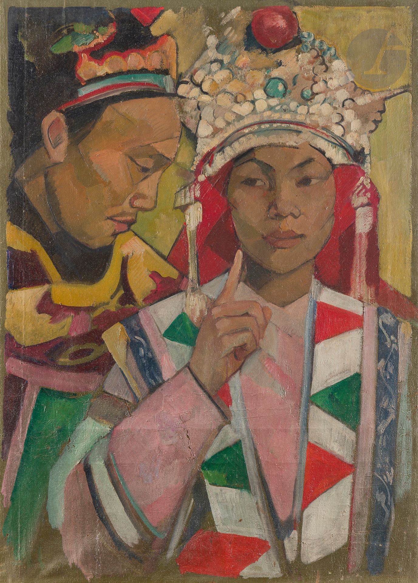 Marie-Antoinette BOULLARD-DEVE (1890-1970)
Vietnam, couple en tenue de cérémonie, vers 1931
Huile sur toile.
Non signée.
83,5 x 60 cm

Cette œuvre a probablement été réalisée dans le cadre de l'exposition coloniale de 1931.
Nous remercions Monsieur Christophe Fumeux pour son aide précieuse dans la rédaction de cette notice en 2020.