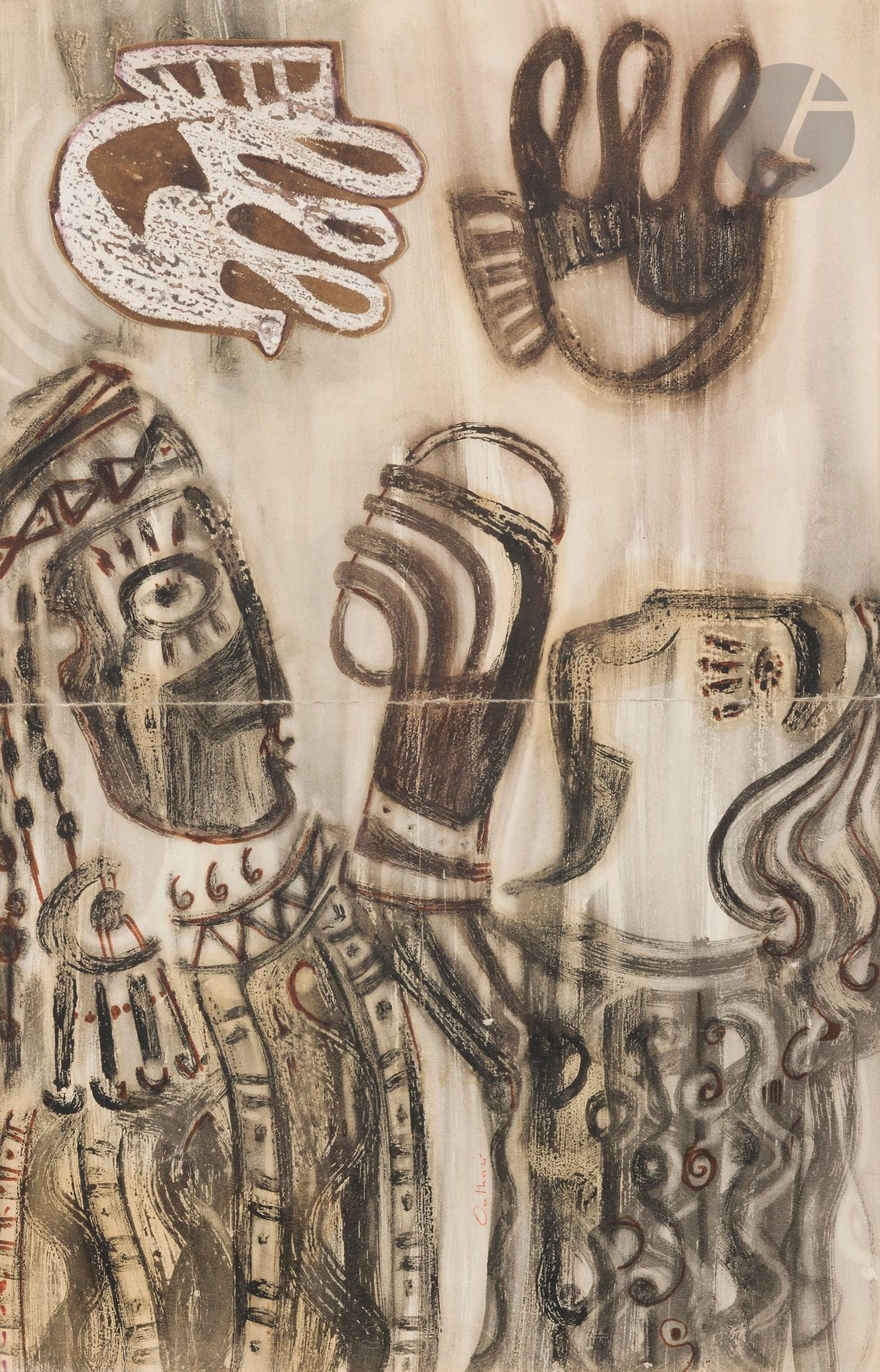 Mohamed OULHACI [algérien] (né en 1943)
La Main et la colombe
Huile et collage sur papier Canson.
Signée en pied.
(Pli médian, plis).
48,5 x 31 cm

Provenance :
Acquis directement auprès de l’artiste par Benamar Médiène.