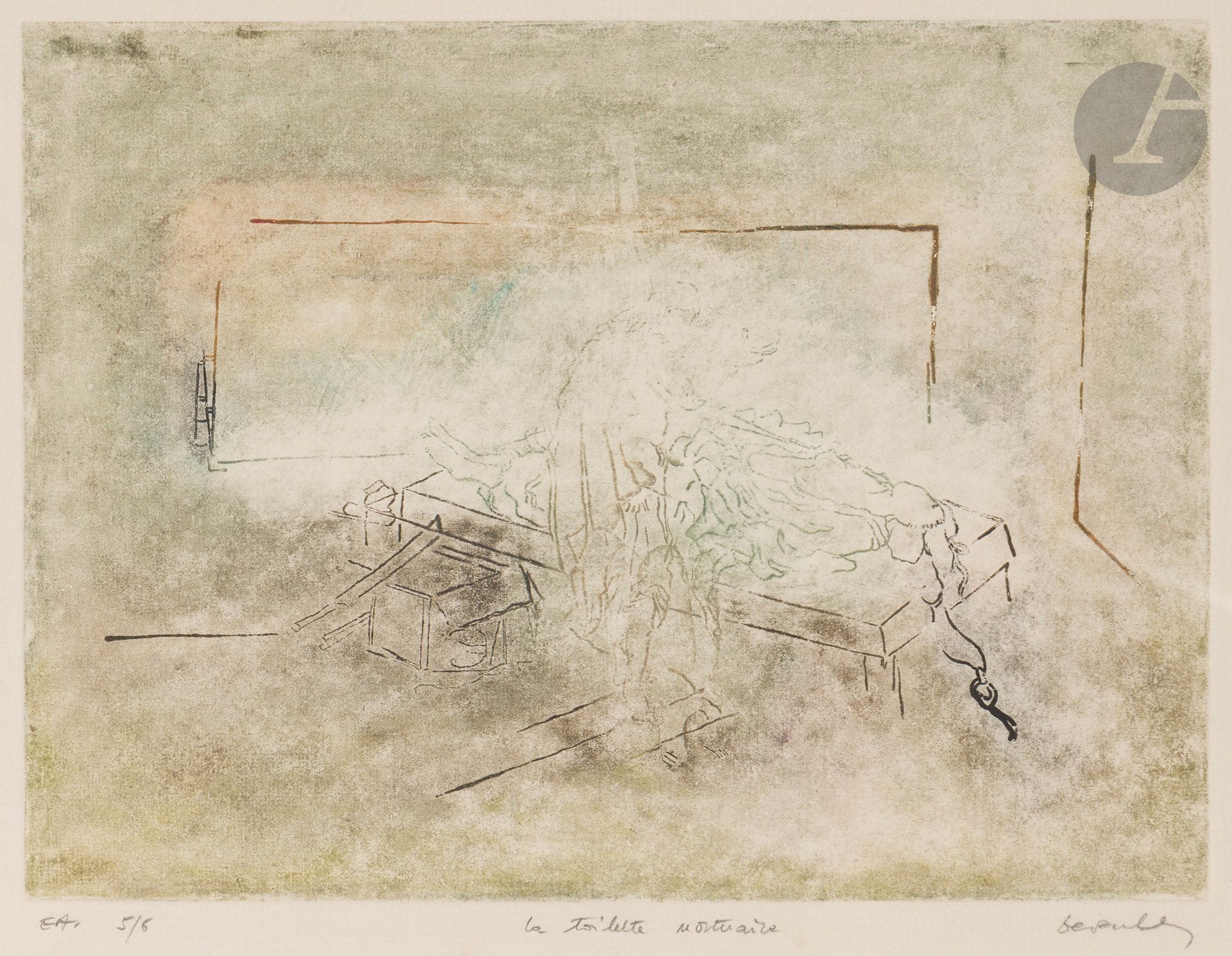 Abdallah BENANTEUR [Algerian] (1931-2017)
La Toilette mortuaire, 1969-1971
Etching and aquatint.
Signed, titled and justified "EA 5/6".
20.5 x 26 cm

Provenance :
Galerie du Panthéon, Paris.

We would like to thank Mr. Claude Lemand for the information he provided.