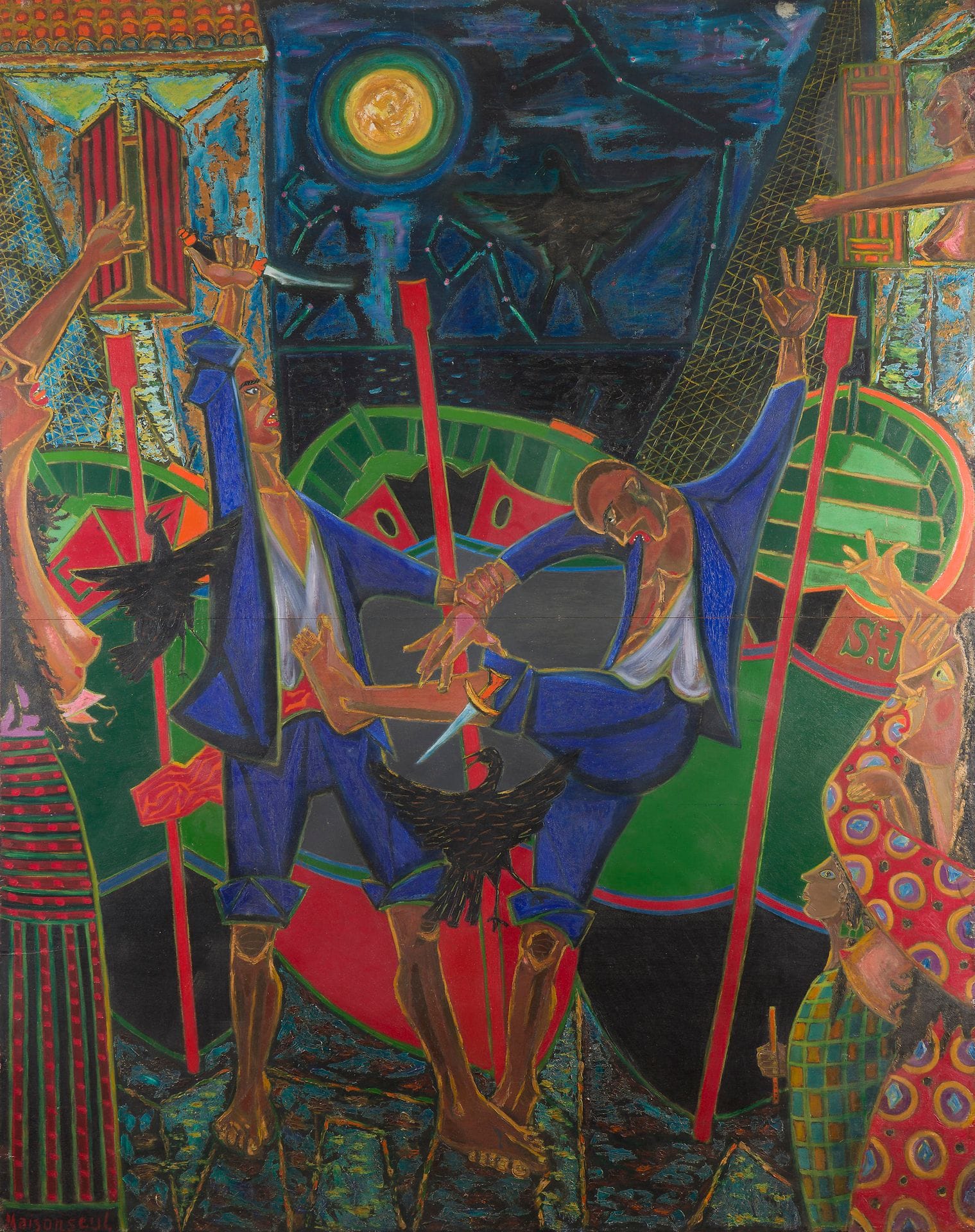 Jean Pandrigue de MAISONSEUL (1912-1999)
Le Grand combat, 1947
Huile sur panneau
Signée en bas à gauche.
Signée, datée, titrée et située au dos.
(Manques).
240 x 190 cm

Œuvre en rapport :
La Rixe, huile sur panneau, 101 x 50 cm, reproduit sur le site de l’artiste : https://www.jeandemaisonseul.fr/avant-1948

Nous remercions Madame Sibylle de Maisonseul pour les informations qu’elle nous a transmises.

« Théoricien averti des civilisations passées, Jean de Maisonseul s’est inspiré des signes anciens représentatifs d’un langage universel qui, jusqu’au Moyen-Age traduisait rêves et mythes communs en tout homme. Il fut engagé, tout comme son époque, par ce retour aux arts primitifs qui, depuis le début de notre siècle, ont fortement influencé les arts plastiques. » Louis Eugène Angeli, Alger, juin-août 1949. 

Provenance :
Galerie du Panthéon, Paris.
