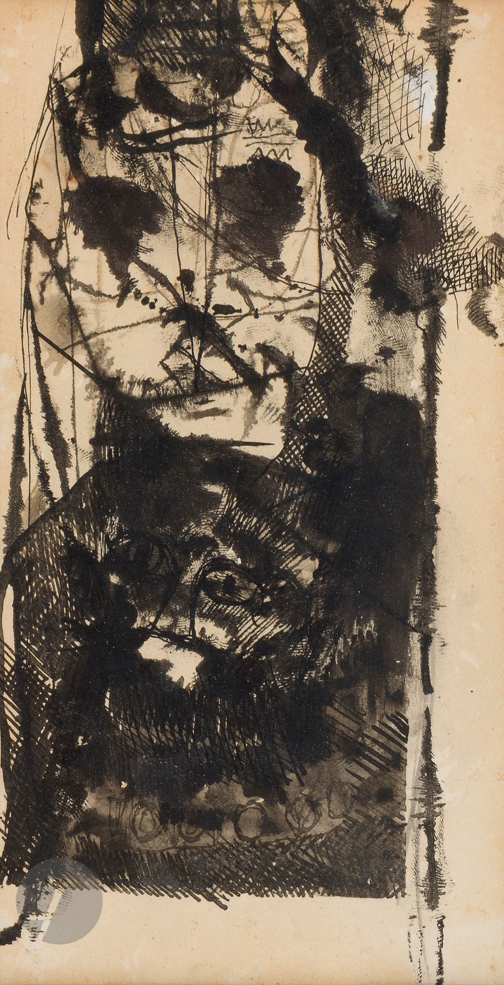 M’hamed ISSIAKHEM [algérien] (1928-1985)
L’Aveugle, 1966
Encre et rehauts de gouache.
Non signée.
20 x 10,5 cm

Provenance :
Acquis directement auprès de l’artiste par Benamar Médiène.