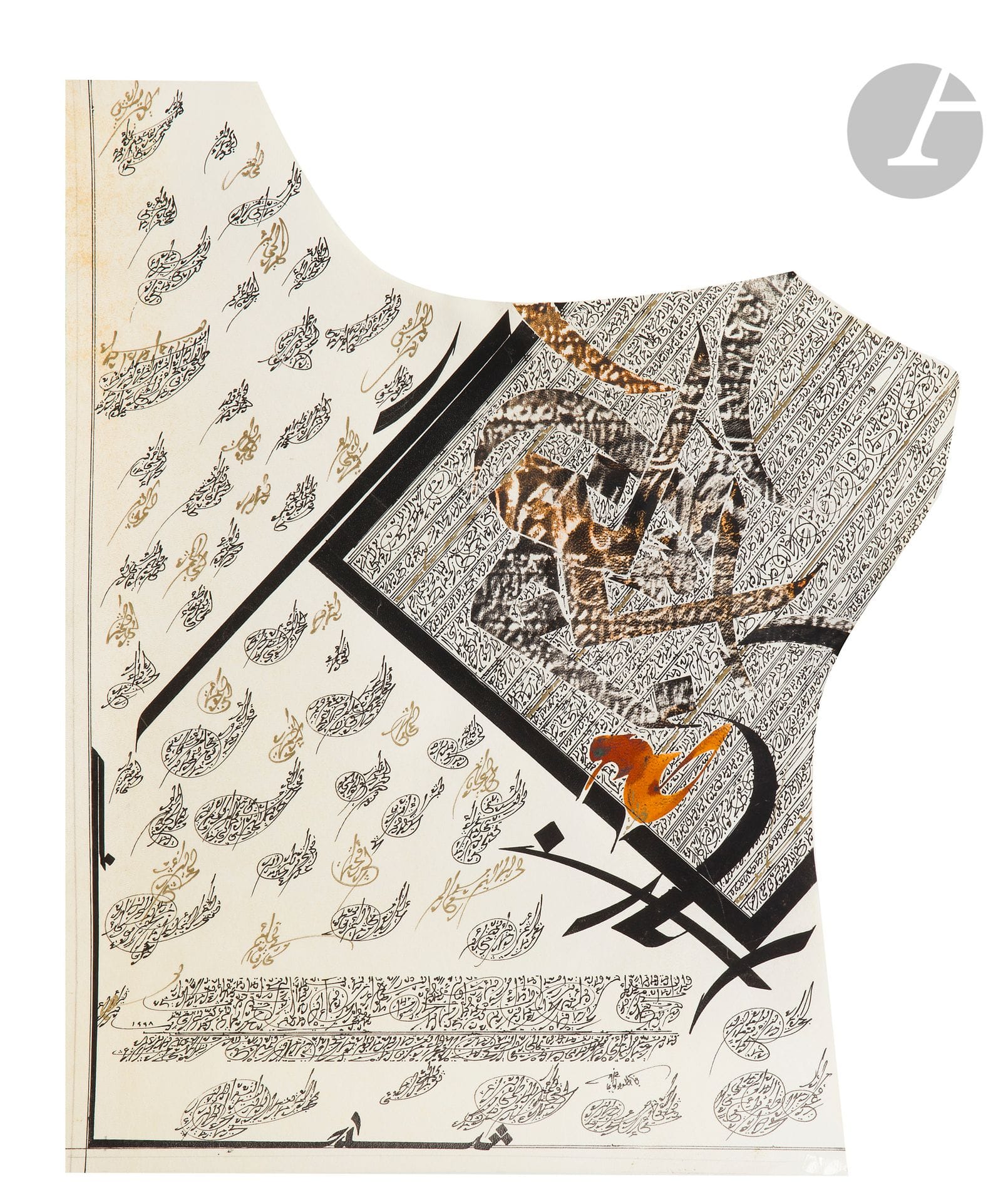 Nja MAHDAOUI [tunisien] (né en 1937)
Graphème «Les poèmes de Djaykoûr», 1998
Encre sur parchemin.
Signée en bas à droite.
Datée en arabe en bas à gauche.
44 x 35 cm

Provenance :
Collection Salah Stétié.

Cette œuvre est enregistrée dans le catalogue raisonné de Nja Mahdaoui en cours de préparation.

Cette œuvre fait partie d’une série de 20 graphèmes créés pour le livre Badr Chaker es Sayyâb, Les poèmes de Djaykoûr, présentation et traduction de Salah Stétié, Éditions Fata Morgana, 2000, Illustré par des calligraphies de Nja Mahdaoui et publié à 600 exemplaires (580 exemplaires sur vergé ivoire et 20 exemplaires sur vergé, chacun accompagné d’un graphème original sur parchemin de Nja Mahdaoui) comme celui présenté dans notre vente.