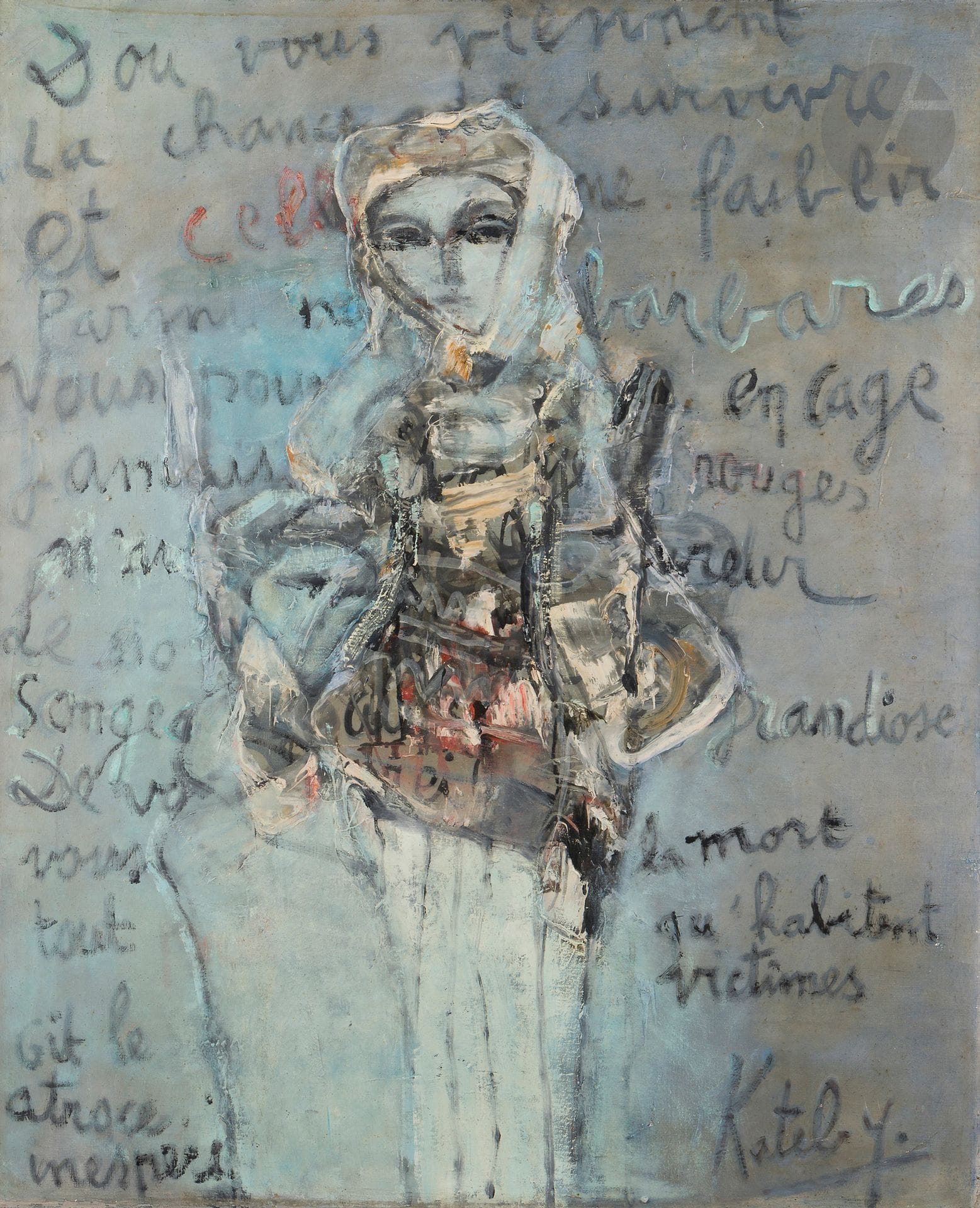 M’hamed ISSIAKHEM [algérien] (1928-1985)
Femme sur poème, 1985
Huile sur toile.
Tableau poème avec Kateb Yacine.
Poème signé «Kateb Y.».
100 x 81 cm

Provenance :
Acquis directement auprès de l’artiste par Benamar Médiène.

Exposition :
M’hamed Issiakhem, Musée public national d’art moderne et contemporain, Alger, 1er décembre 2010 - 31 janvier 2011.

Bibliographie :
- Benamar Médiène, Issiakhem, Alger, Éditions Casbah, 2006, reproduit p. 68.
- M’hamed Issiakhem, Musée public national d’art moderne et contemporain, Alger, Éditions MAMA, FIAC, 2010, reproduit pp. 208-209.
- Saeb Eigner, Art of the middle east : modern and contemporary art of the Arab world and Iran, Londres, New York, Merrell, 2010, reproduit p. 69.

M’hamed Issiakhem reprend le début de ce poème dans son autoportrait réalisé la même année, reproduit en couverture du catalogue d’exposition M’hamed Issiakhem, Musée public national d’art moderne et contemporain, Alger, Éditions MAMA, FIAC, 2010.