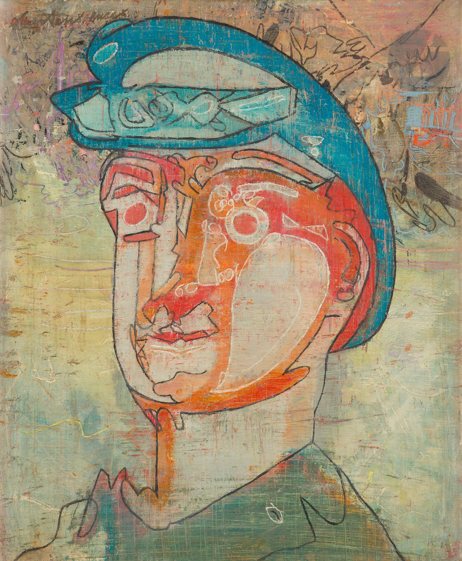 Pierre COURTENS (1921-2004)
Portrait d'ouvrier
Huile sur toile.
Signée en haut à gauche.
65 x 54 cm