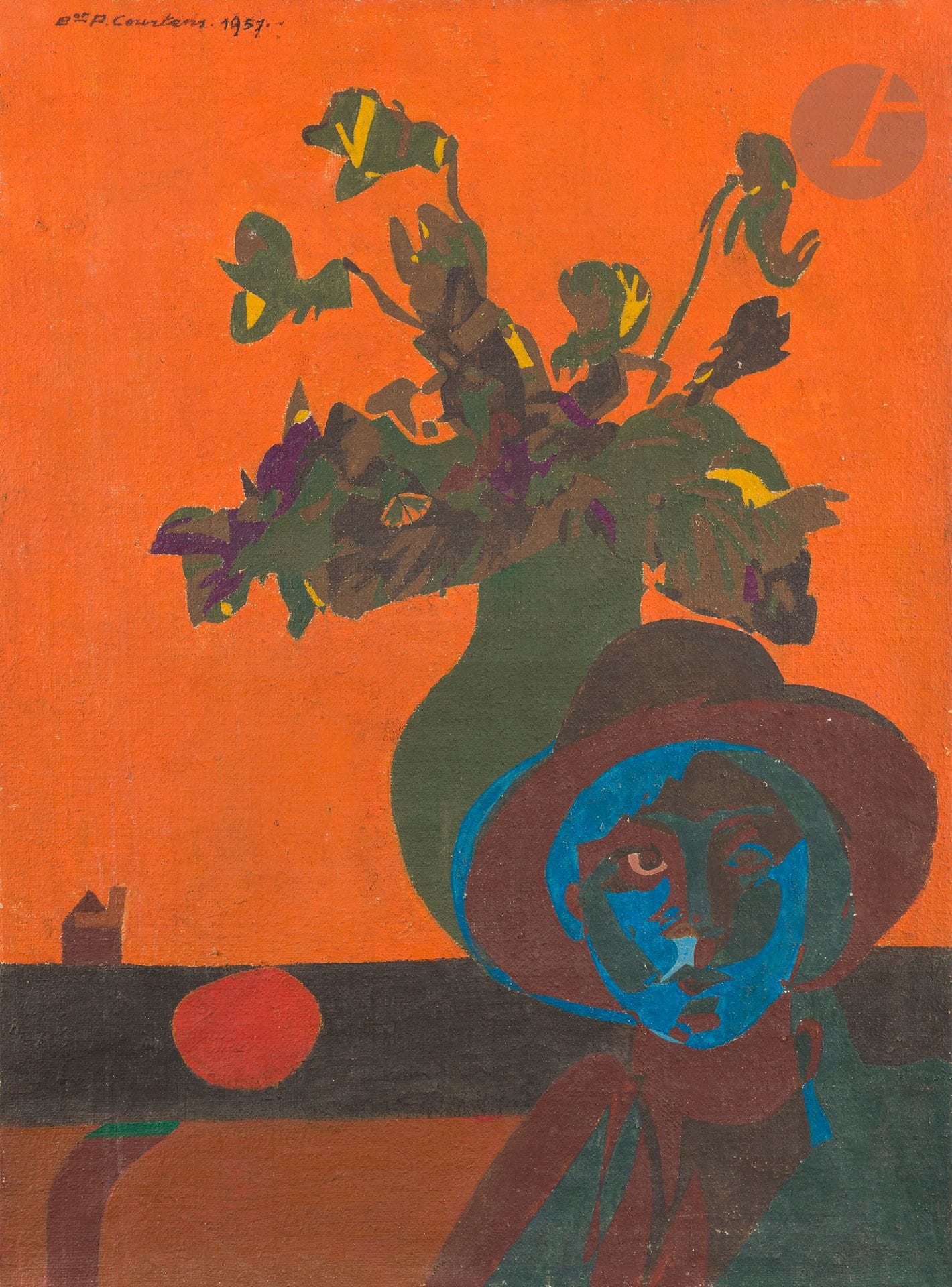 Pierre COURTENS (1921-2004)
Vase de fleurs et homme au chapeau, 1957
Huile sur toile.
Signée et datée en haut à gauche.
Signée au dos.
81 x 60 cm