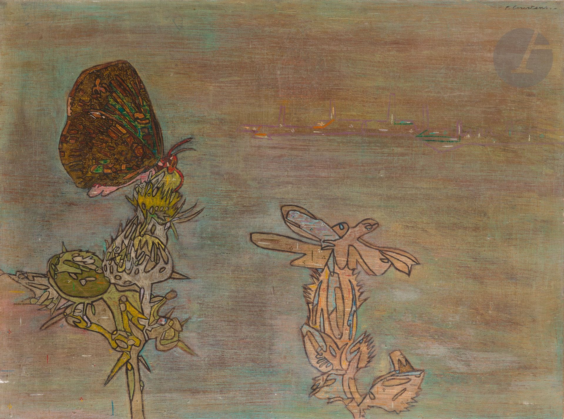 Pierre COURTENS (1921-2004)
Le Papillon
Huile sur toile.
Signée en haut à droite.
Signée au dos.
(Usures et petits manques).
60 x 81 cm