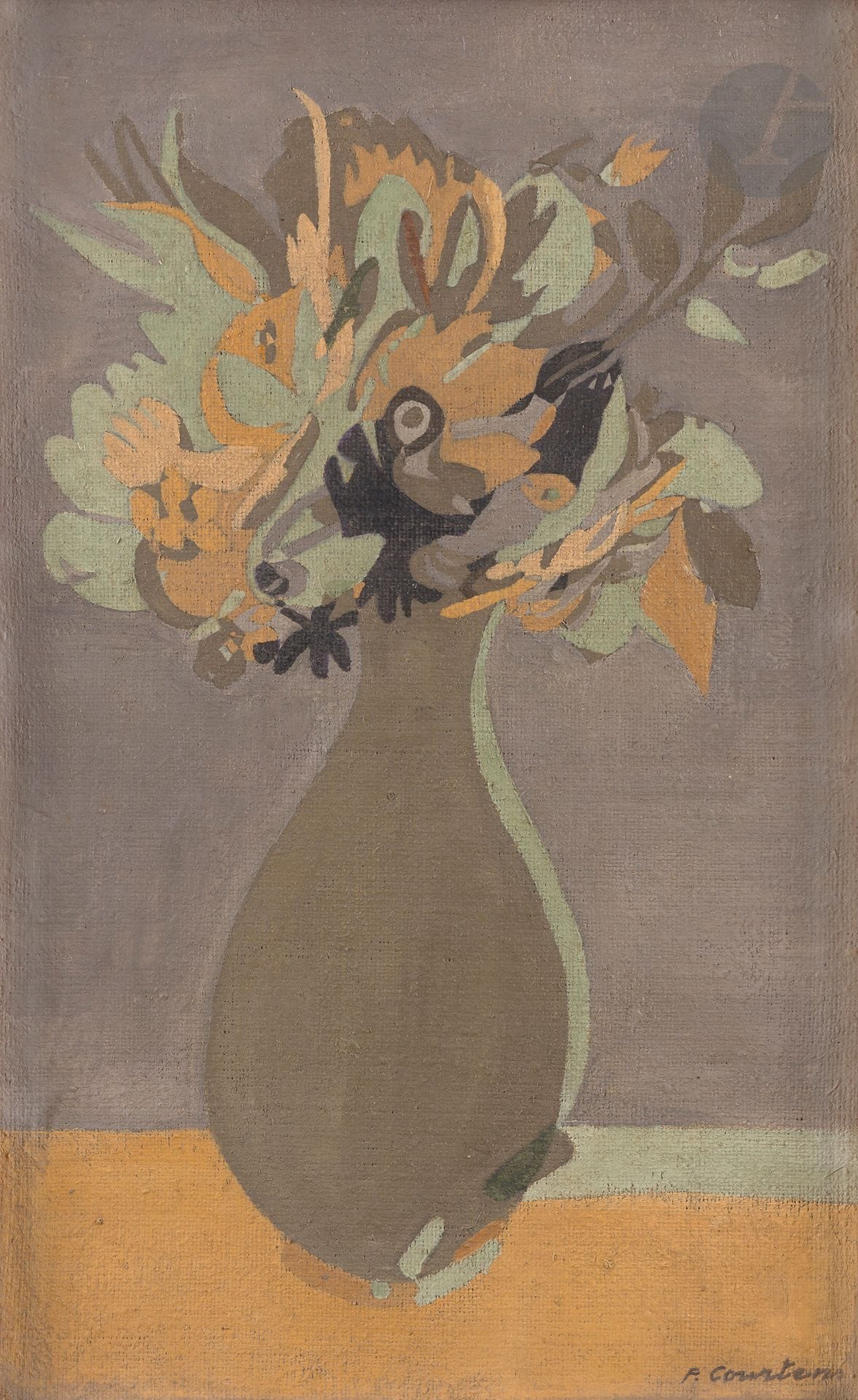 Pierre COURTENS (1921-2004)
Vase de fleurs
Huile sur toile.
Signée en bas à droite.
61 x 38 cm