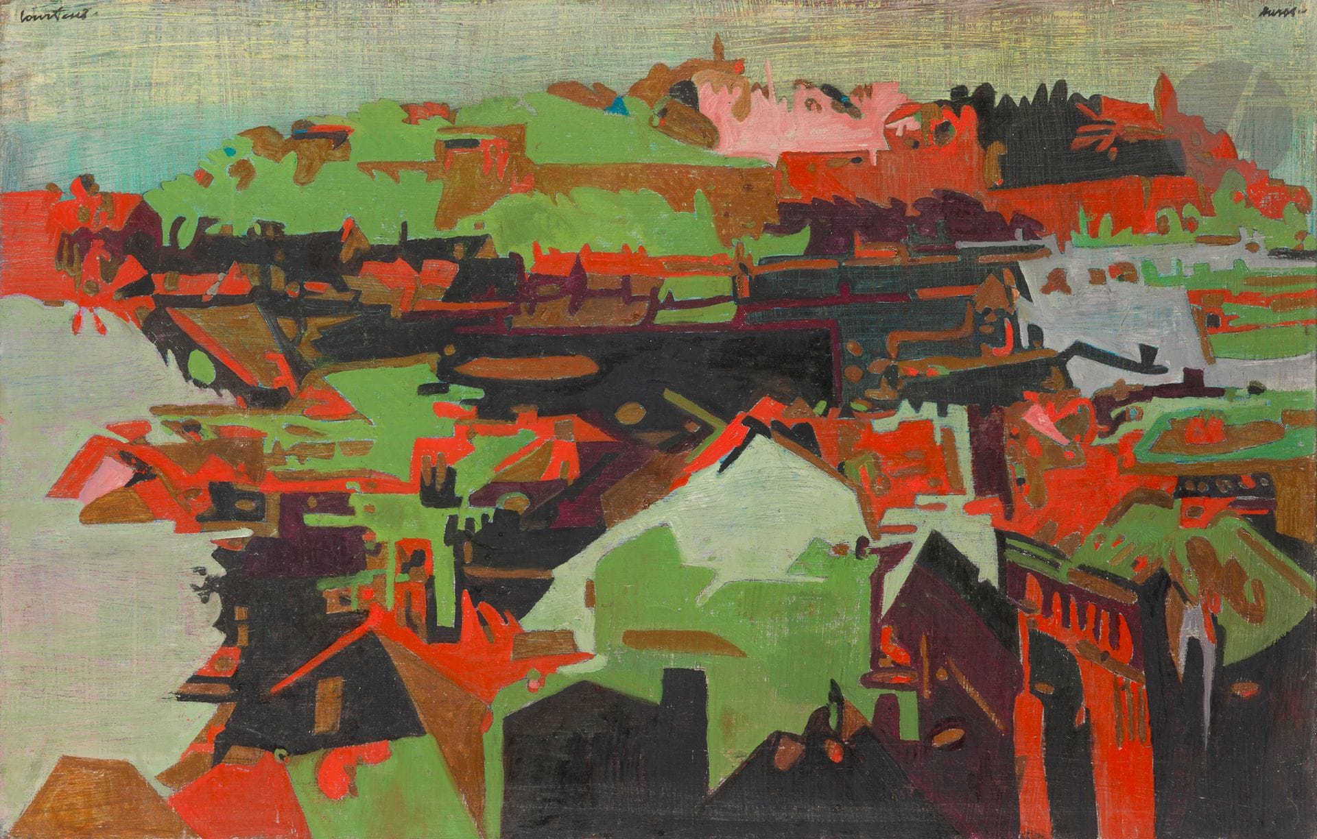 Pierre COURTENS (1921-2004)
Les Remparts de Dreux, 1969-70
Huile sur toile.
Signée en haut à gauche.
Datée et titrée au dos sur le châssis.
65 x 100 cm