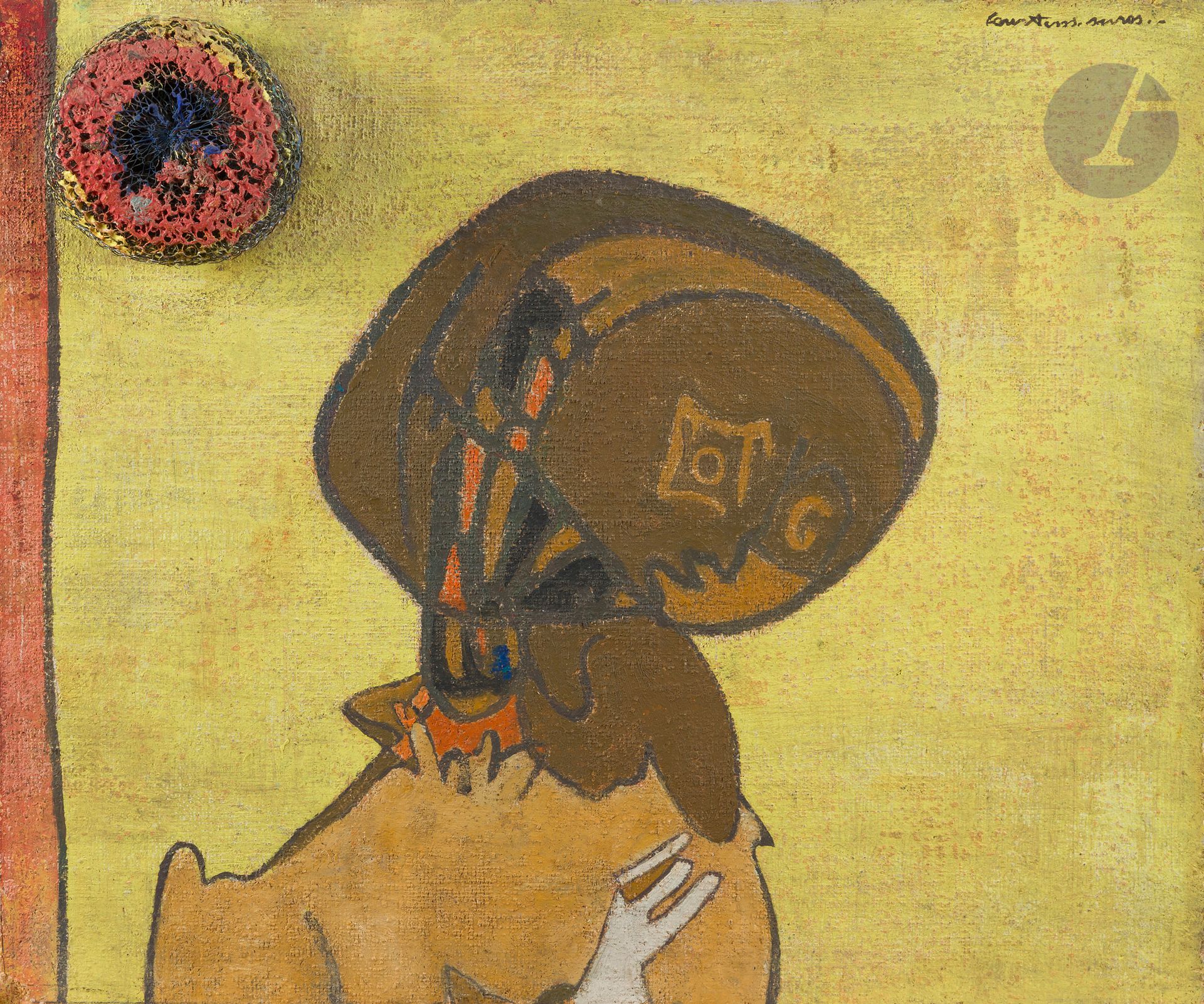 Pierre COURTENS (1921-2004)
La Ménagère, 1971
Huile et collage de grattoir métallique sur panneau.
Signée en haut à droite.
Signée au dos.
46 x 52 cm