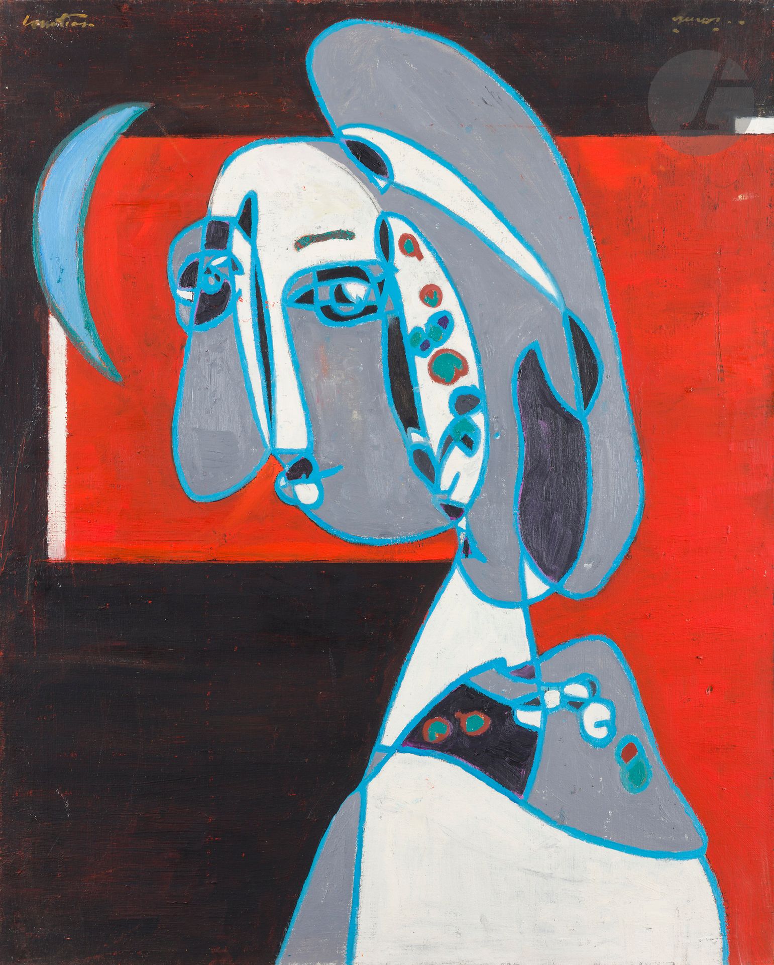 Pierre COURTENS (1921-2004)
Portrait en bleu, 1984
Huile sur toile.
Signée en haut à gauche.
81 x 65 cm