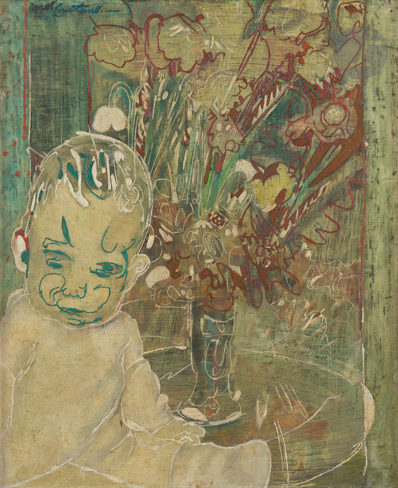 Pierre COURTENS (1921-2004)
Enfant au vase de fleurs, portrait du fils de l'artiste
Huile sur toile.
Signée en haut à gauche.
61 x 50 cm