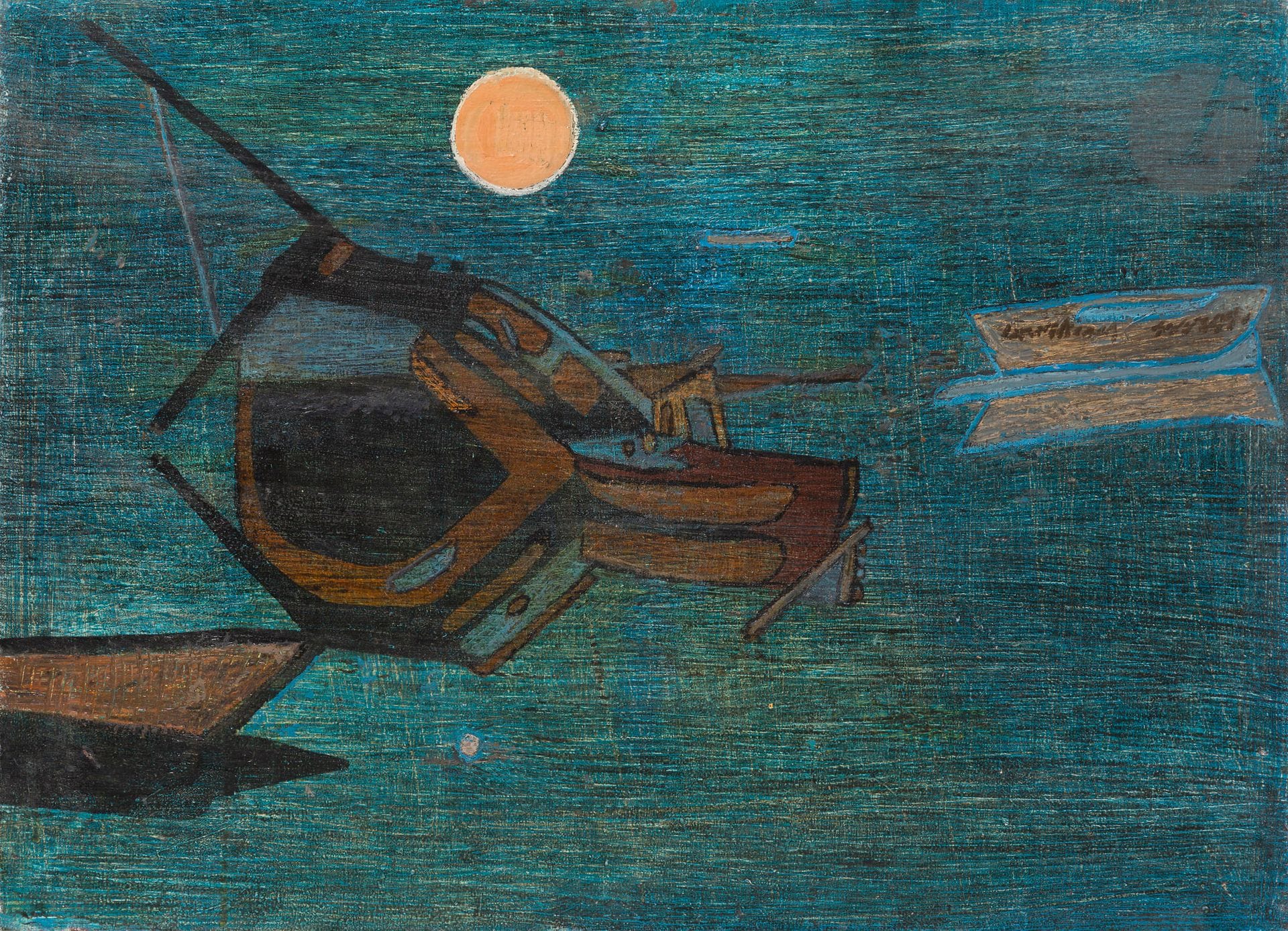 Pierre COURTENS (1921-2004)
Les Barques
Oil on canvas mounted on panel.
Signed on the right.
56.5 x 77.5 cm
