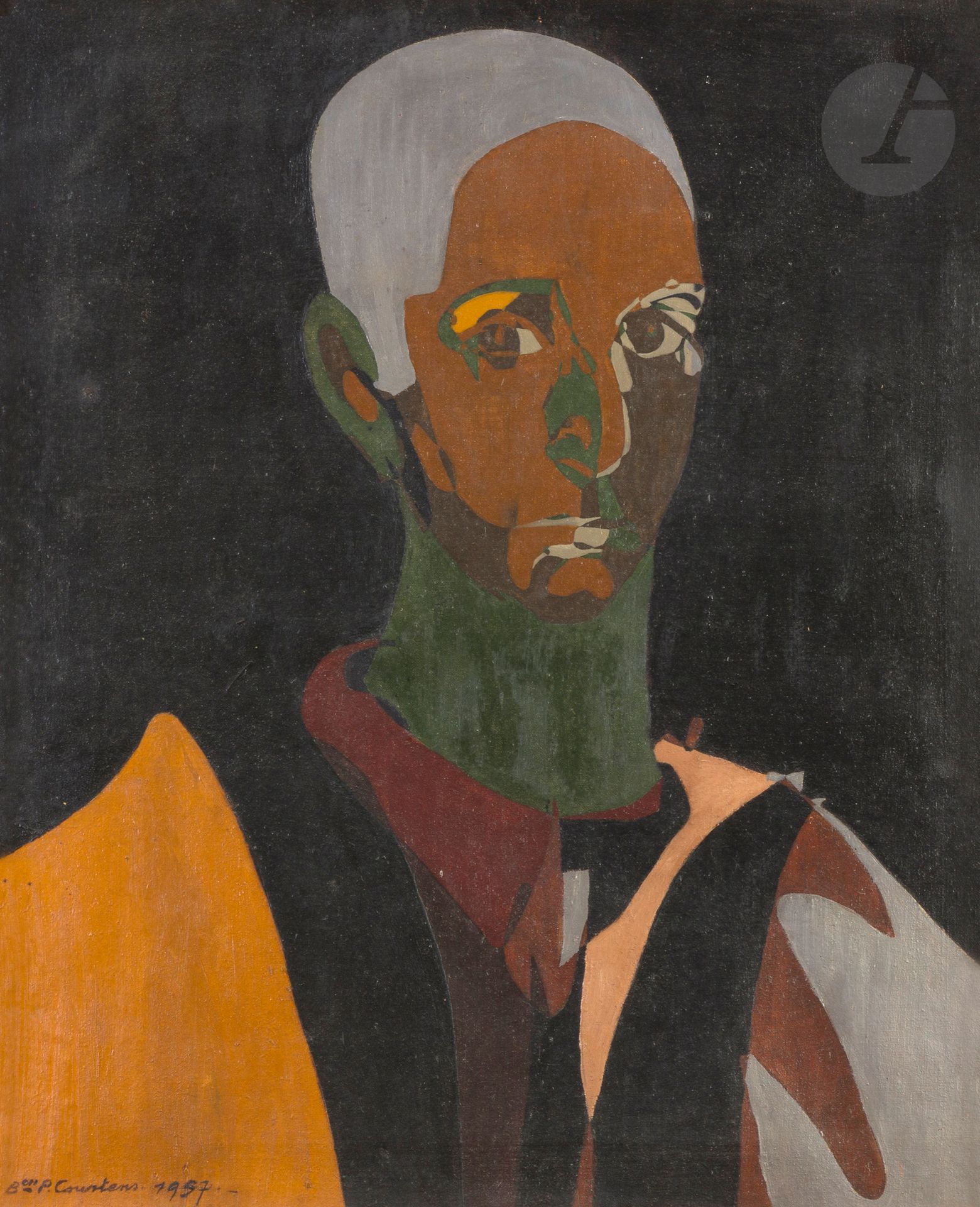 Pierre COURTENS (1921-2004)
Portrait d'homme, 1957
Huile sur toile.
Signée et datée en bas à gauche.
Signée au dos.
73 x 60 cm