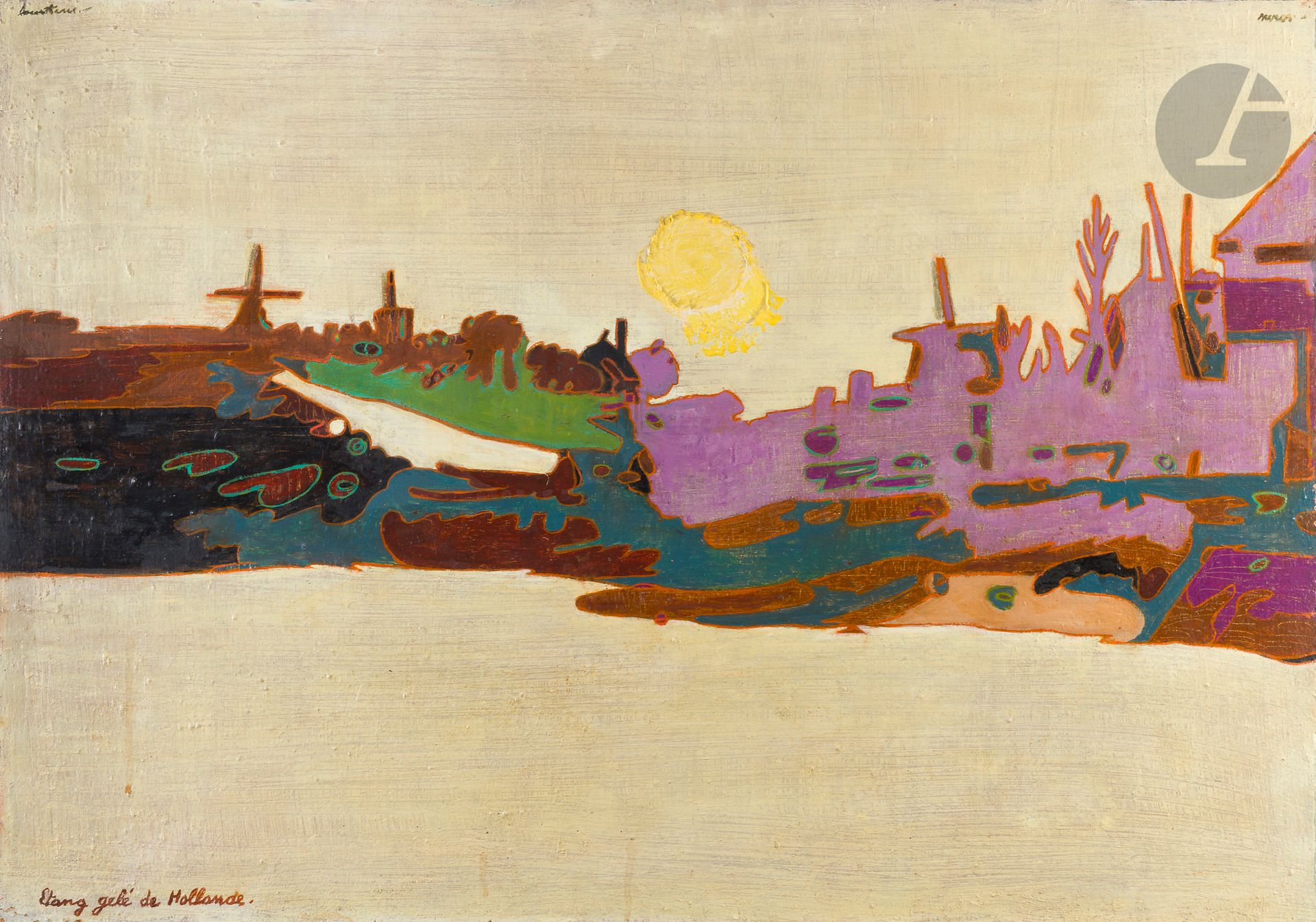 Pierre COURTENS (1921-2004)
Étang gelé de Hollande
Huile sur panneau.
Signée en haut à gauche.
Titrée en bas à gauche.
(Petit manque dans un angle).
71 x 101 cm