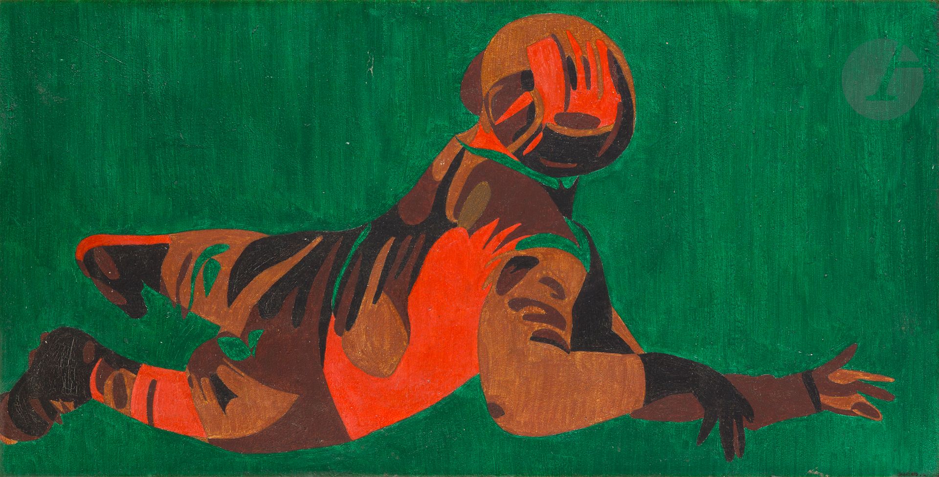 Pierre COURTENS (1921-2004)
Le Footballeur américain
Huile sur panneau.
Signée en bas à droite.
63 x 121 cm