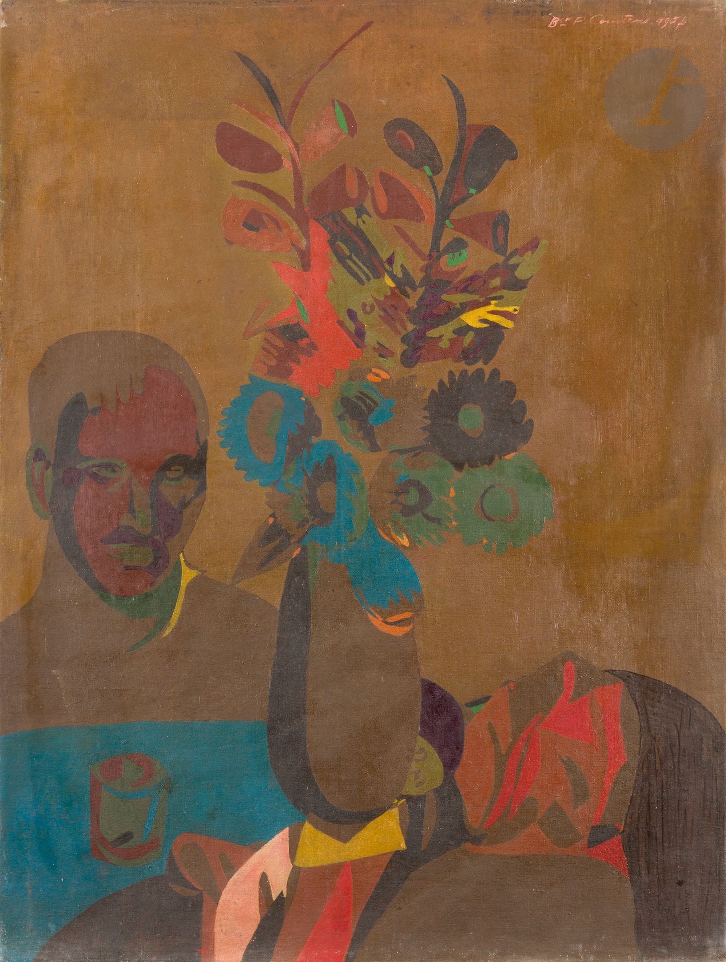 Pierre COURTENS (1921-2004)
Homme au vase de fleurs, 1957
Huile sur toile.
Signée et datée en haut à droite.
Signée au dos.
100 x 73 cm