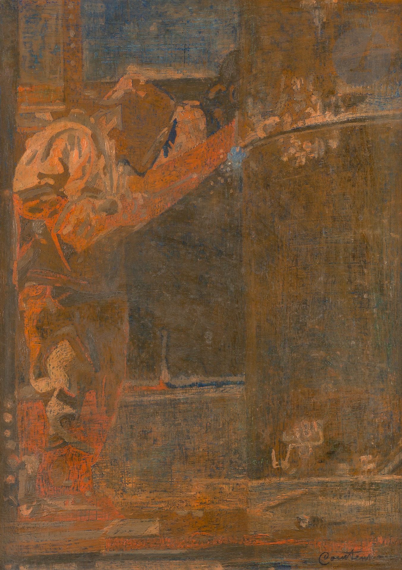 Pierre COURTENS (1921-2004)
Le Soudeur
Huile sur toile montée sur panneau.
Signée en bas à droite.
81 x 60 cm