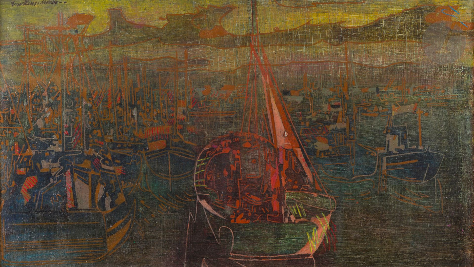 Pierre COURTENS (1921-2004)
Le Port
Oil on canvas mounted on panel.
Signed upper left.
50 x 88 cm