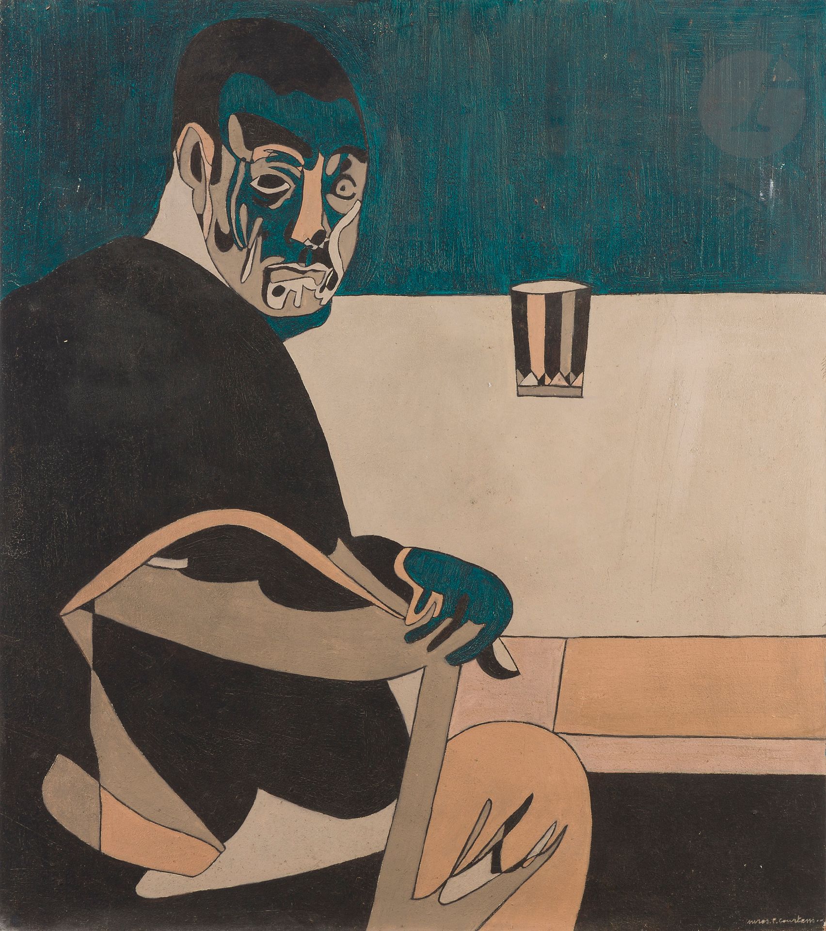 Pierre COURTENS (1921-2004)
Homme assis au verre
Huile sur panneau.
Signée en bas à droite.
Signée au dos.
102 x 91 cm