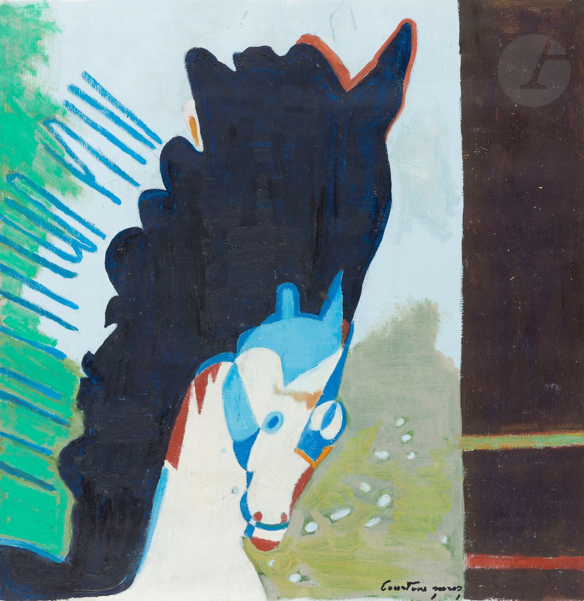 Pierre COURTENS (1921-2004)
Cheval bleu
Huile sur toile non montée.
Signée en bas vers la droite.
70 x 70 cm