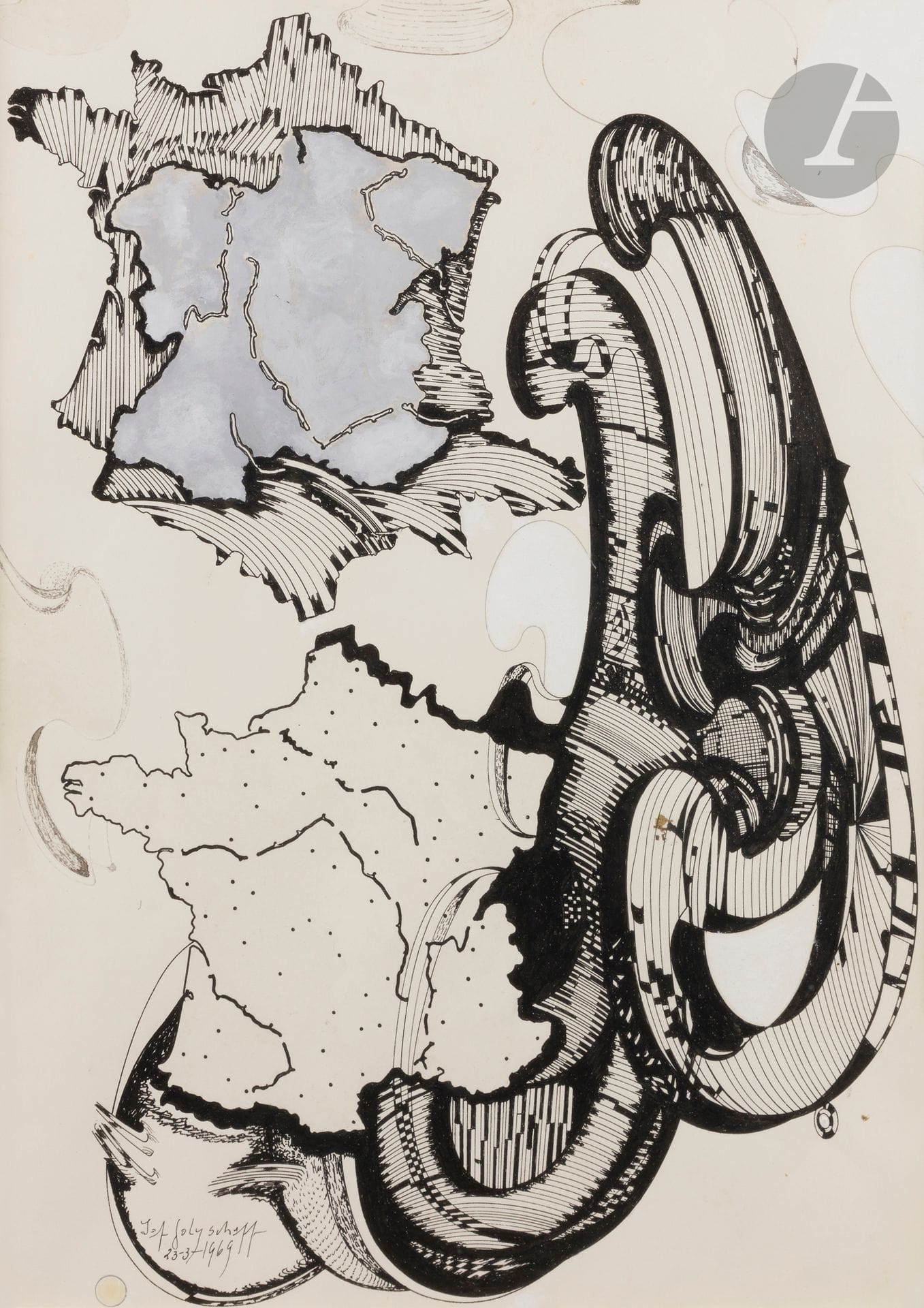 Jef GOLYSCHEFF [russe] (1897-1970)
La France, 1969
Encre et gouache.
Signée et datée en bas à gauche.
42 x 30 cm
