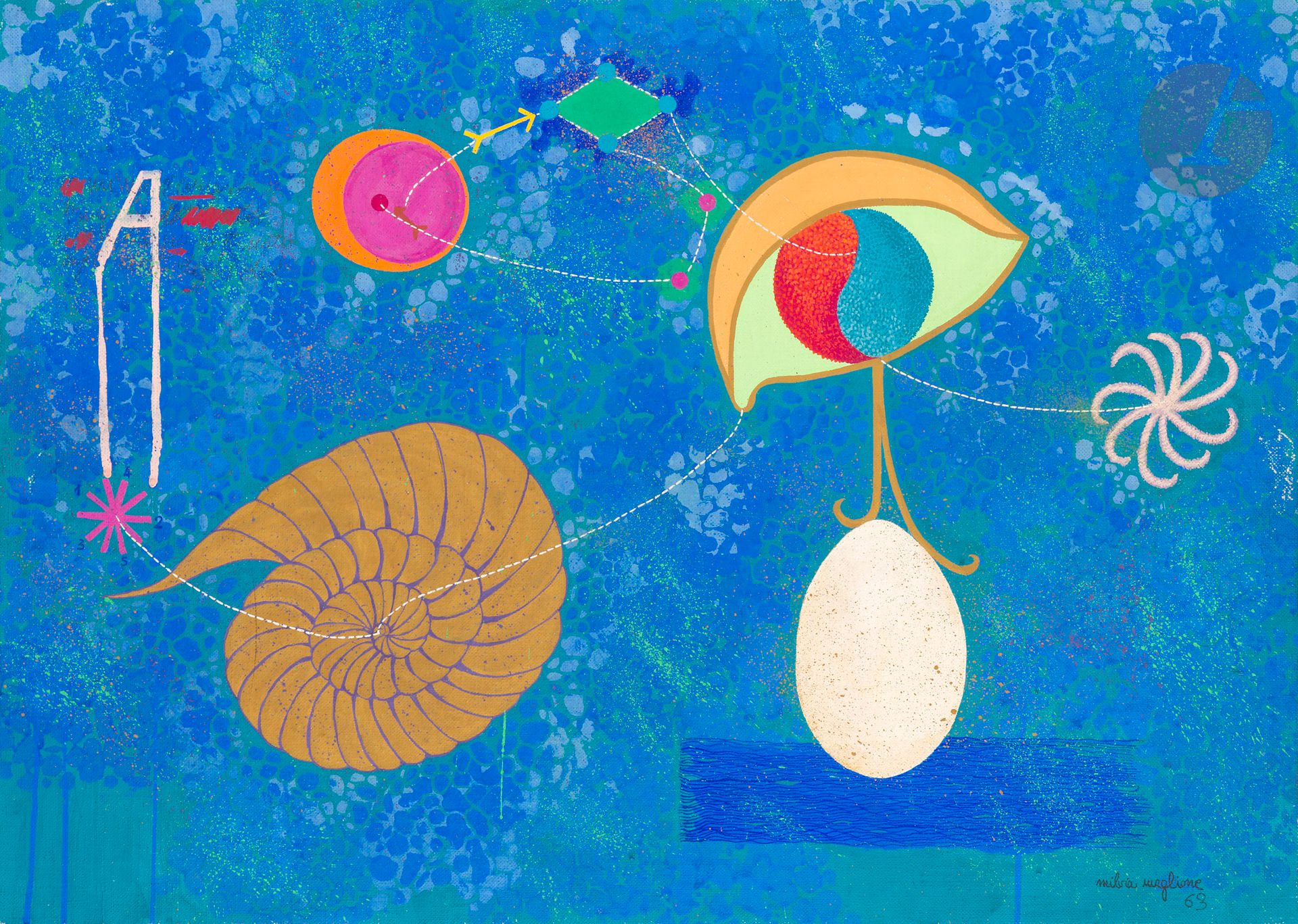 Milvia MAGLIONE [italienne] (1934-2010)
Mio guardo sur cielo, 1963
Huile sur toile.
Signée et datée en bas à droite.
50 x 70 cm