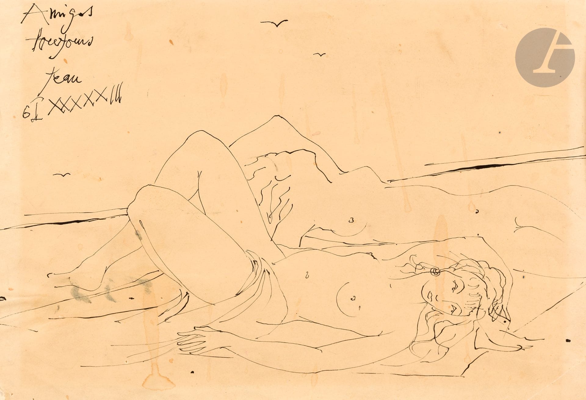 Jean CLEMMER [suisse] (1926-2001)
Nu couché, 1953
Encre.
Signée, datée et dédicacée en haut à gauche.
(Insolation, taches, plis).
24 x 32 cm