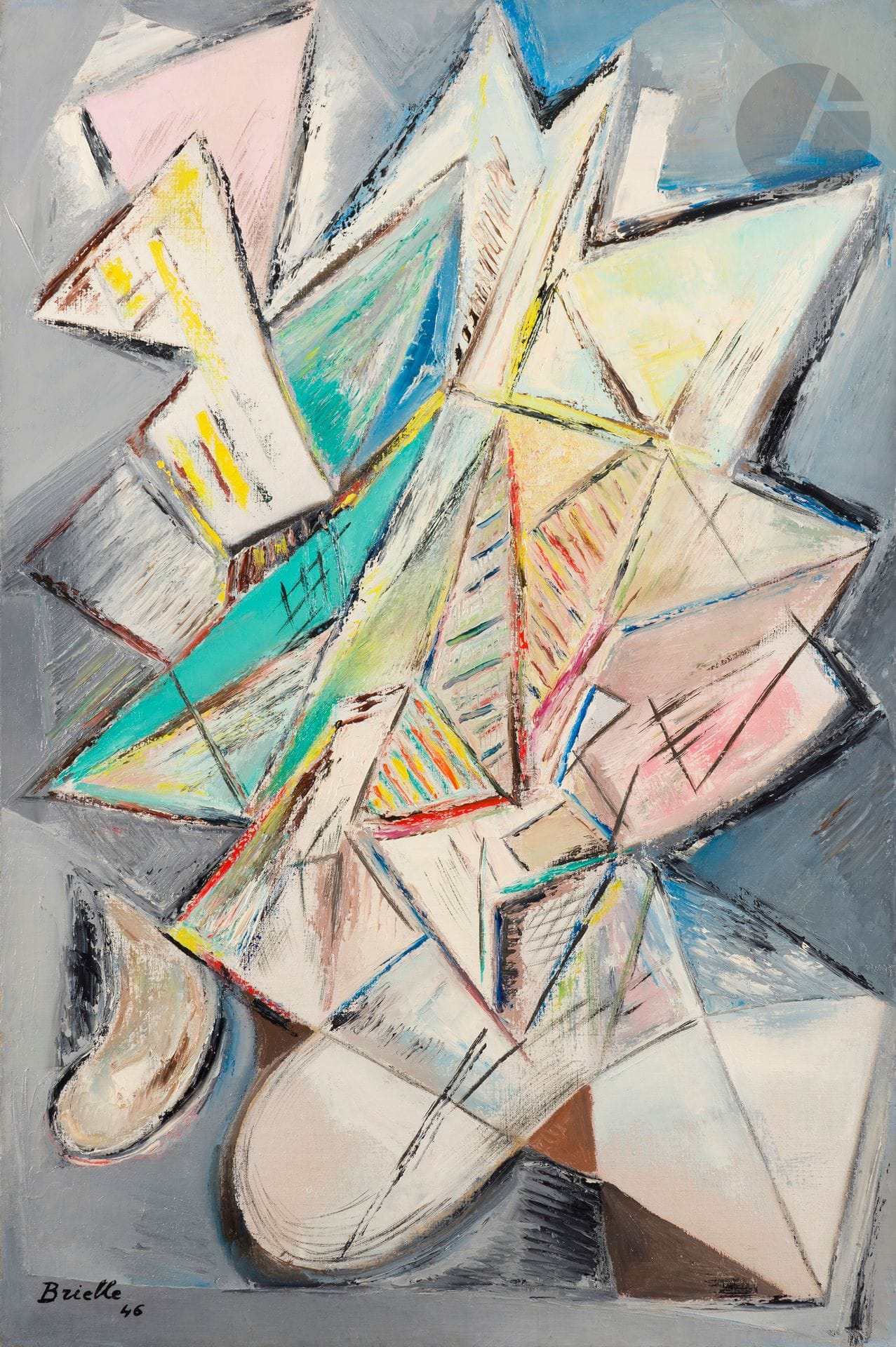 Roger BRIELLE (1899-1960)
Peinture, 1946
Huile sur toile.
Signée et datée en bas à gauche.
Signée, datée et titrée au dos sur une étiquette.
92 x 60 cm

Exposition : 
Salon des Réalités Nouvelles, 1946.
