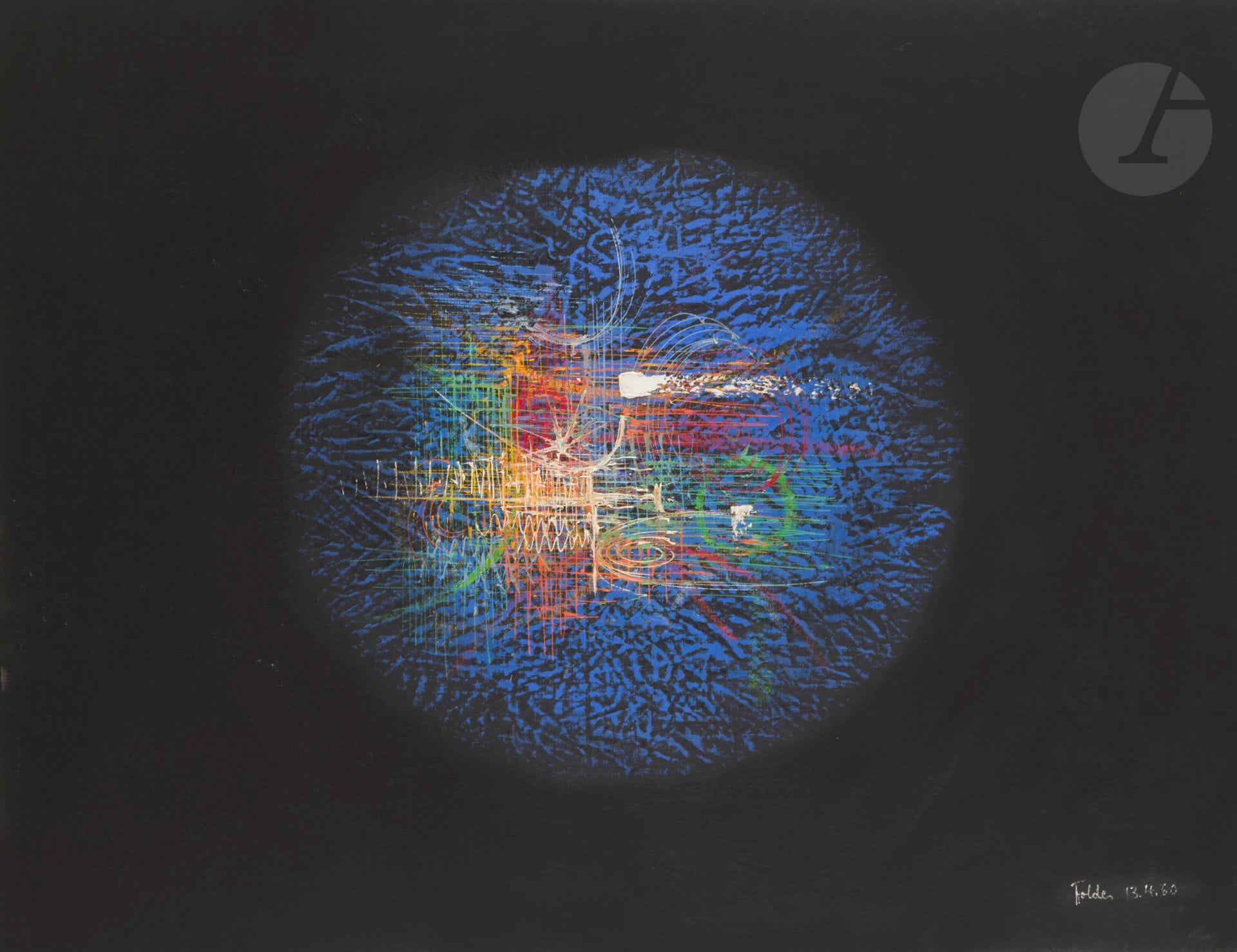 Peter FOLDES [anglo-hongrois] (1924-1977)
New-York, 1960
Huile sur toile.
Signée et datée en bas à droite.
Signée et datée au dos.
89 x 116 cm