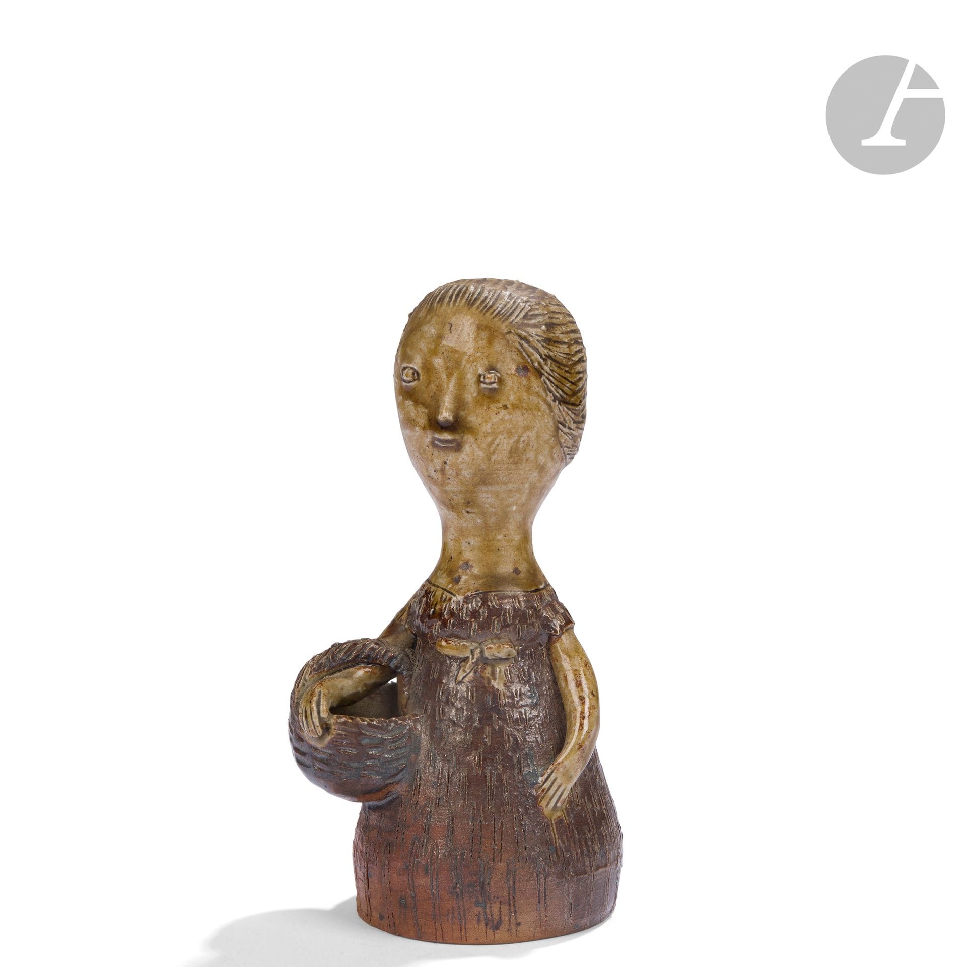 JACQUELINE LERAT (1920-2009)
Woman with basket; nude head
Anthropomorphic flowerpot. 
Stoneware. 
1960s. 
Signed LERAT under the base. 
Height: 15.5 cm