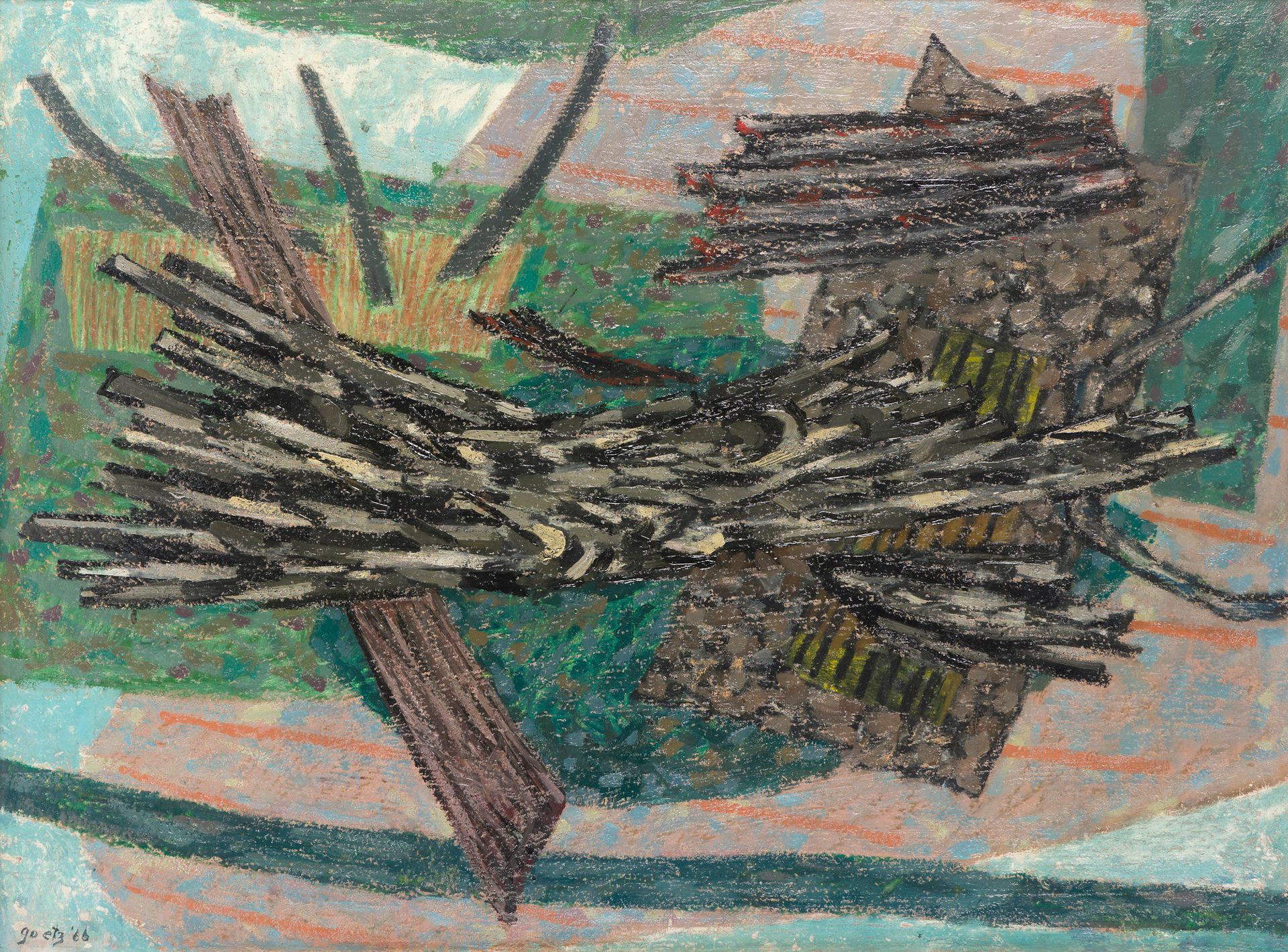 Henri GOETZ [franco-américain] (1909-1989)
Pamparigouste, 1966
Huile sur panneau.
Signée et datée en bas à gauche.
Titrée au dos.
60 x 80 cm

Cette œuvre est enregistrée sous le n°1966/17 au catalogue raisonné en ligne d'Henri Goetz et sera reproduit au tome II du catalogue raisonné en préparation par Monsieur Frédéric Nocera.