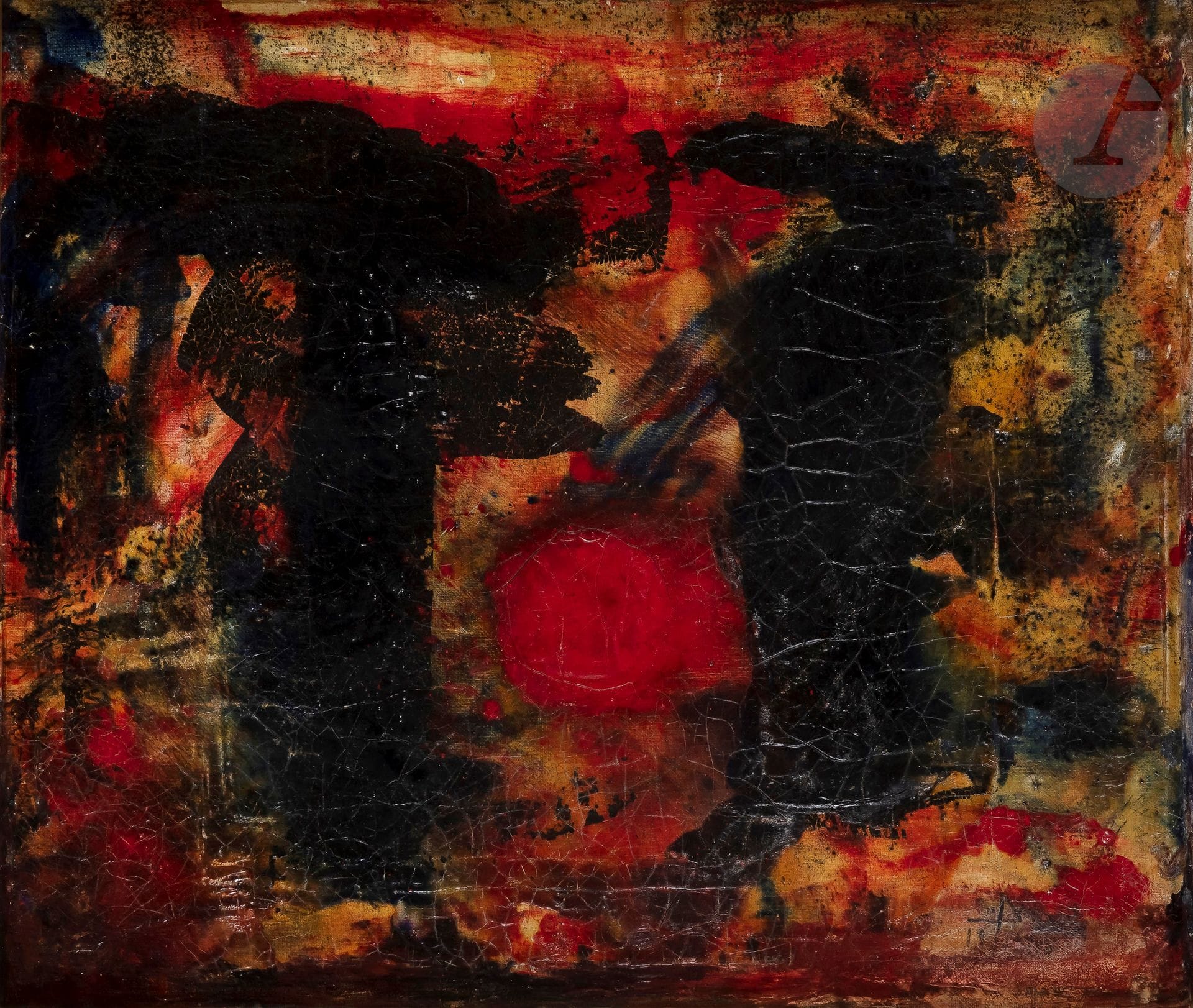 Pierre DEMARNE (1924-1999)
La Porte de l'enfer, 1956
Huile sur toile.
Signée en bas à droite (signature légèrement effacée).
Signée, datée, titrée et numérotée au dos. 
(Craquelures).
46 x 55 cm

Provenance : 
Galerie Thessa Herold, Paris.