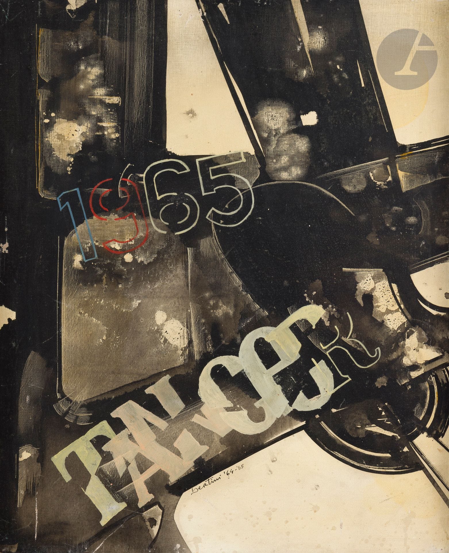Gianni BERTINI [italien] (1922-2010)
Tanger tiphon, 1964-65
Huile sur toile.
Signée et datée en pied.
Signée, datée et titrée au dos.
73 x 60 cm