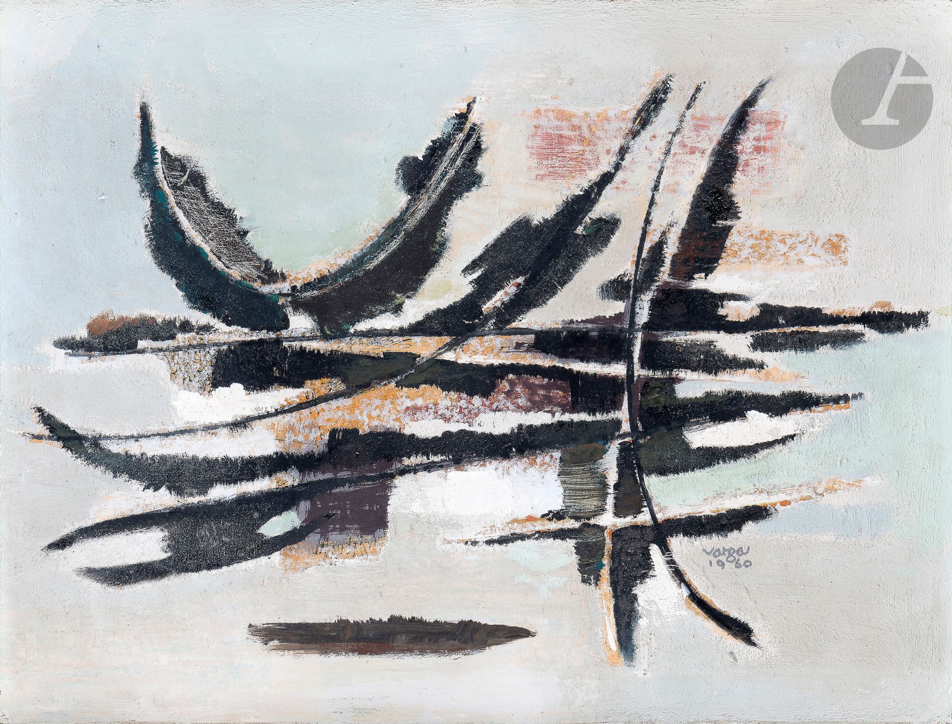 Ferenc VARGA [hongrois] (1906-1989)
Composition, 1960
Huile sur carton.
Signée et datée en bas à droite.
50 x 65 cm