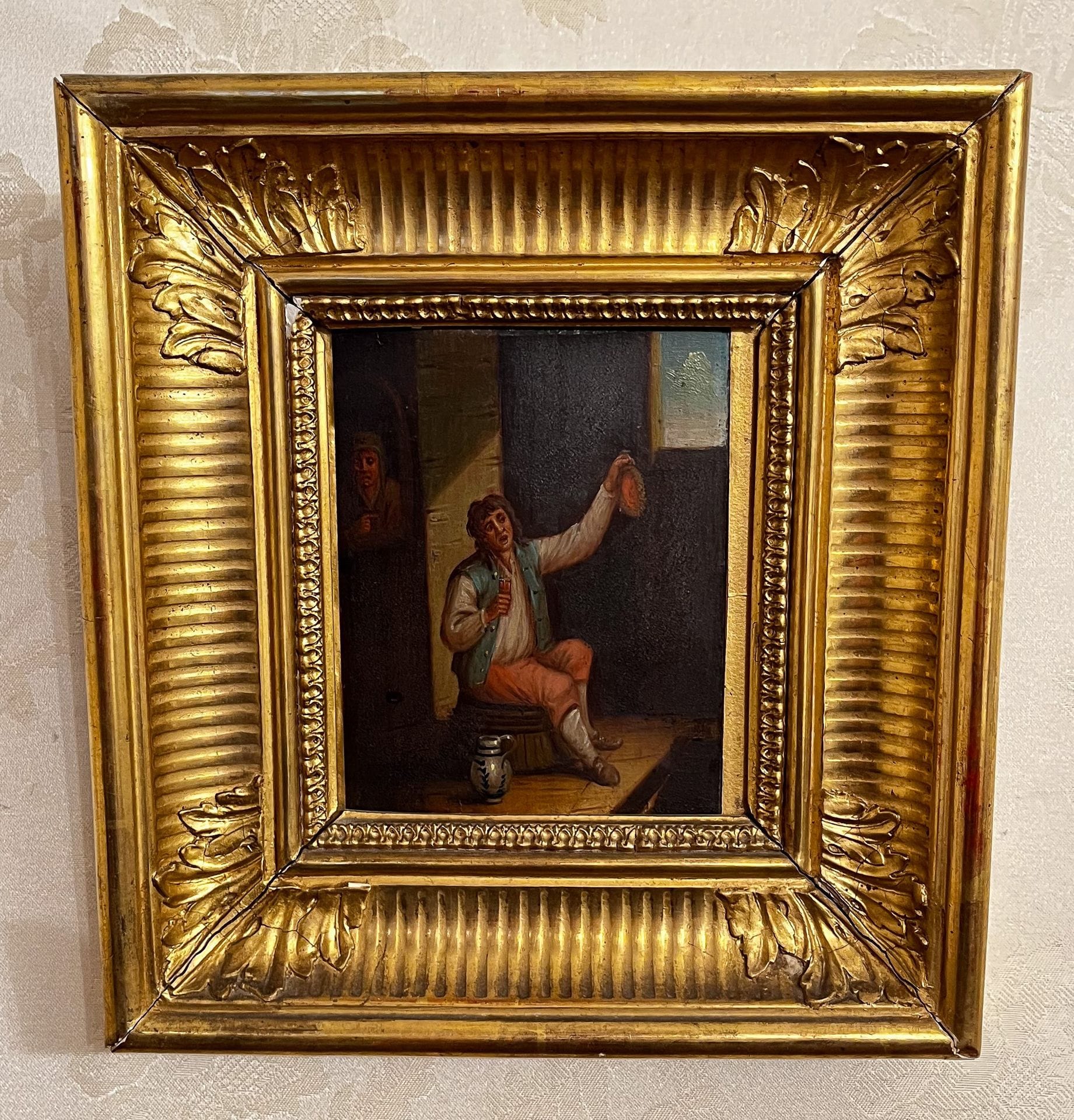 Dans le goût de l’école Flamande du XVIIIe siècle 
Le buveur.
Huile sur panneau.
14 x 11 cm