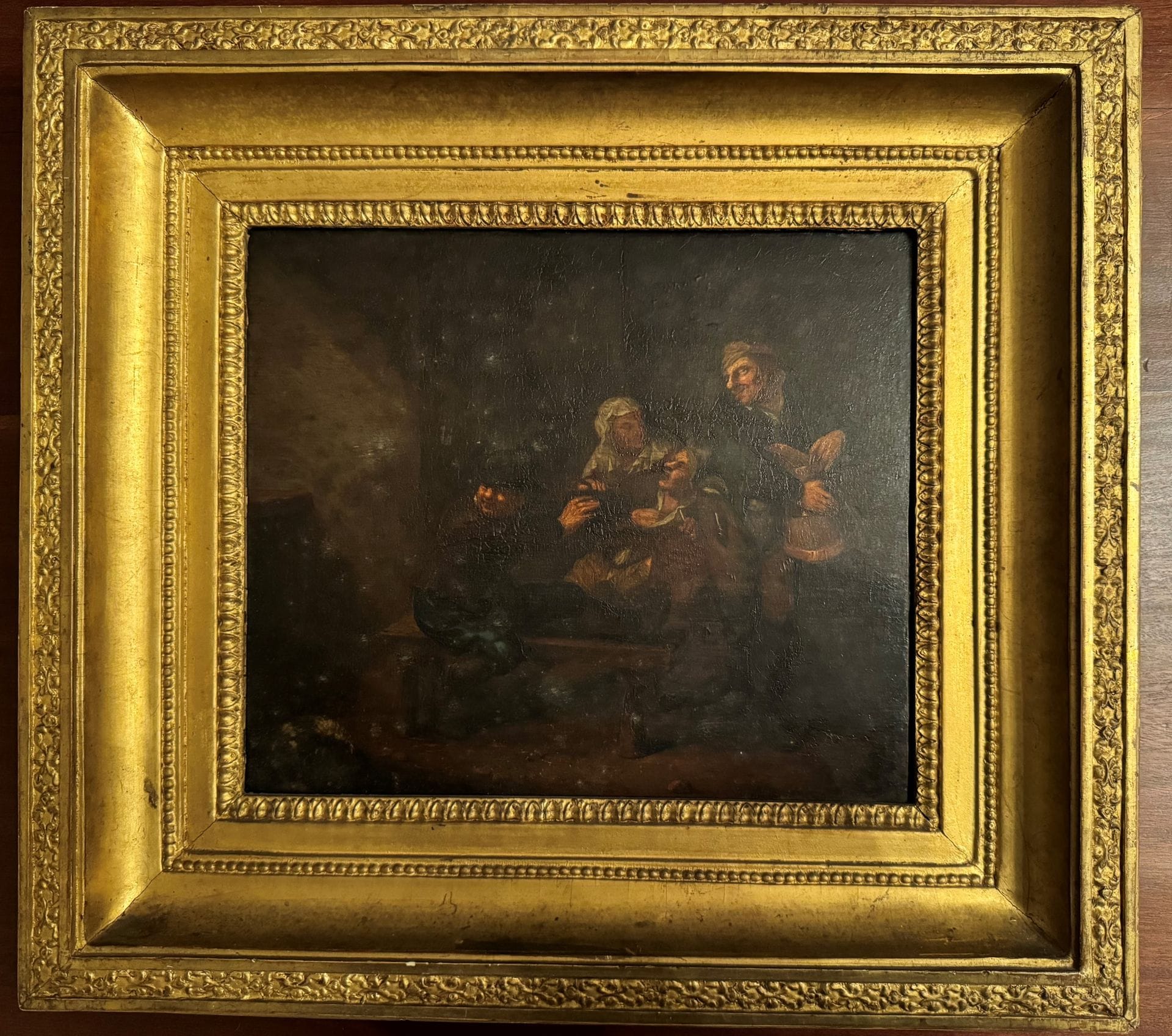 École du Nord du XVIIe s.
Scène de taverne
Huile sur panneau
24 x 28 cm
Au verso, fragments d'étiquettes, annotations manuscrites et deux sceaux de cire rouge.