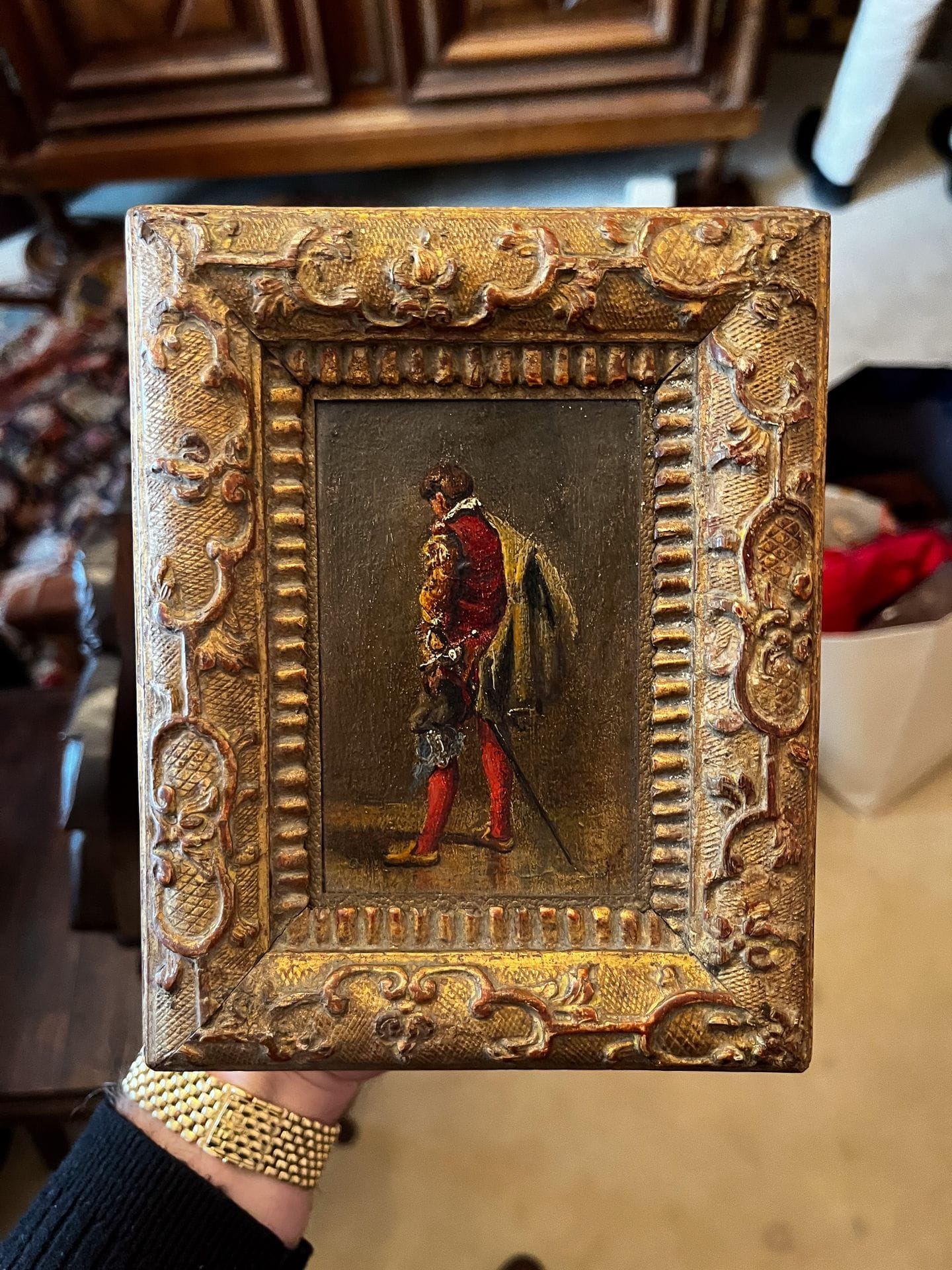 Attributed to Mariano FORTUNY Y MARSAL (1838-1874)
Spanish soldier from behind
Oil on panel.
10 x 6.5 cm
